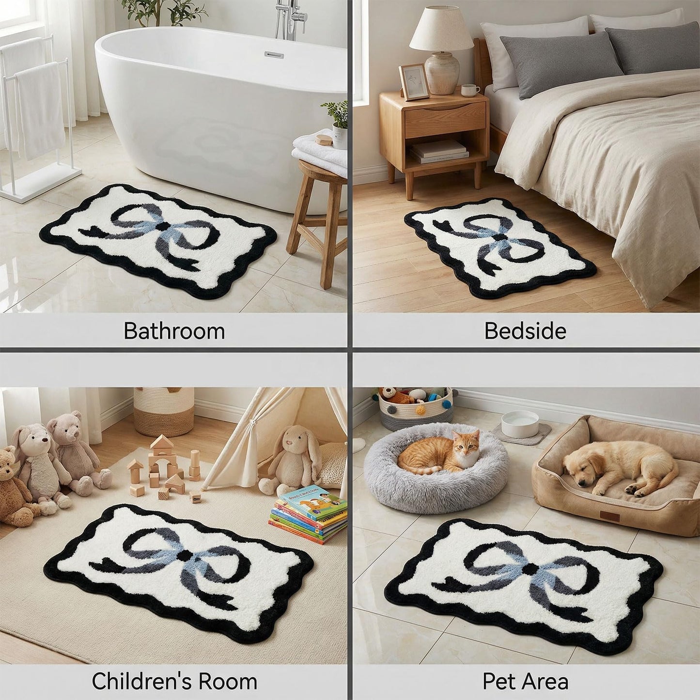 Dylrauoza Black Bow Bath Mat, 20" x 32" Scalloped Bath Rug for Bathroom, Black and White Bathroom Rug Cute, Non Slip Aesthetic Bath Mat, Machine Washable Water Absorbing Plush Rug