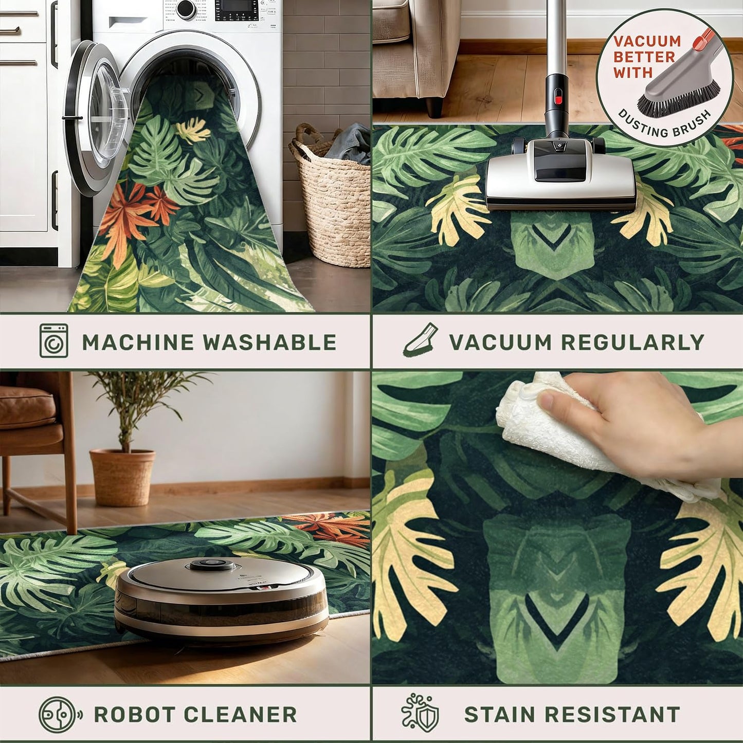 Tropical Leaves Runner Rug, 2x7ft, Hawaiian Bohemian Palm Leaf Monstera Plant Runner Hallway Rug, With Rubber Backing Green Leaf Soft Floor Rug for Bedroom Kitchen Dining Room Laundry Room - Green