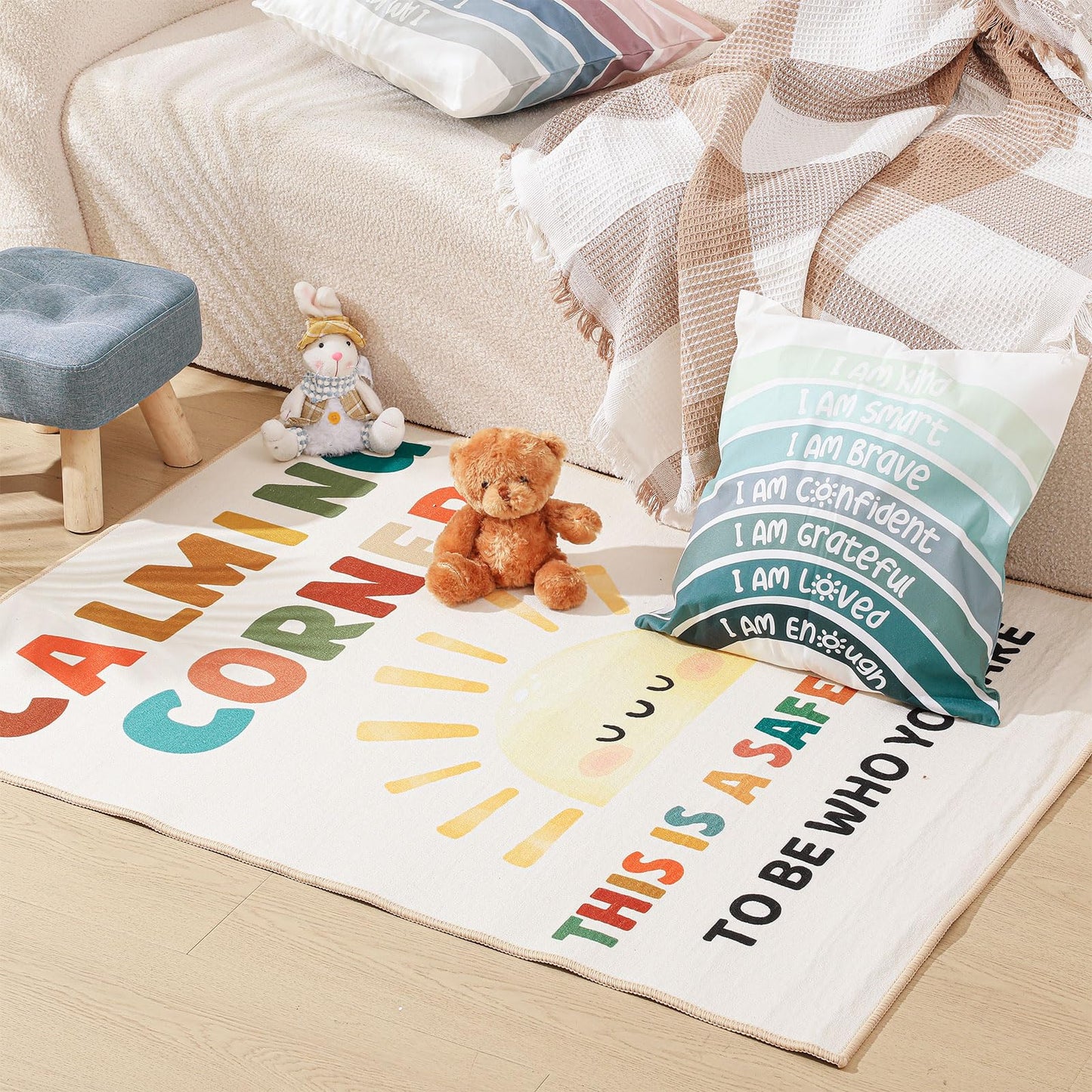 Maasechs 3 x 4 ft Calming Corner Classroom Rug, Sunshine Boho Area Carpet Corner Items Rug Educational Soft Floor Mat for Nursery Homeschool Playroom Elementary Back to School(Morandi)