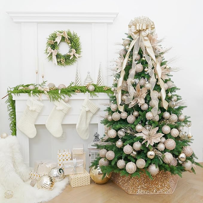 3.15" Christmas Ball Ornaments Glitter Shatterproof Christmas Tree Ornaments Sequin Xmas Hanging Balls Decorations for Wedding Party Holiday(Champagne Gold, 12pc-8cm)