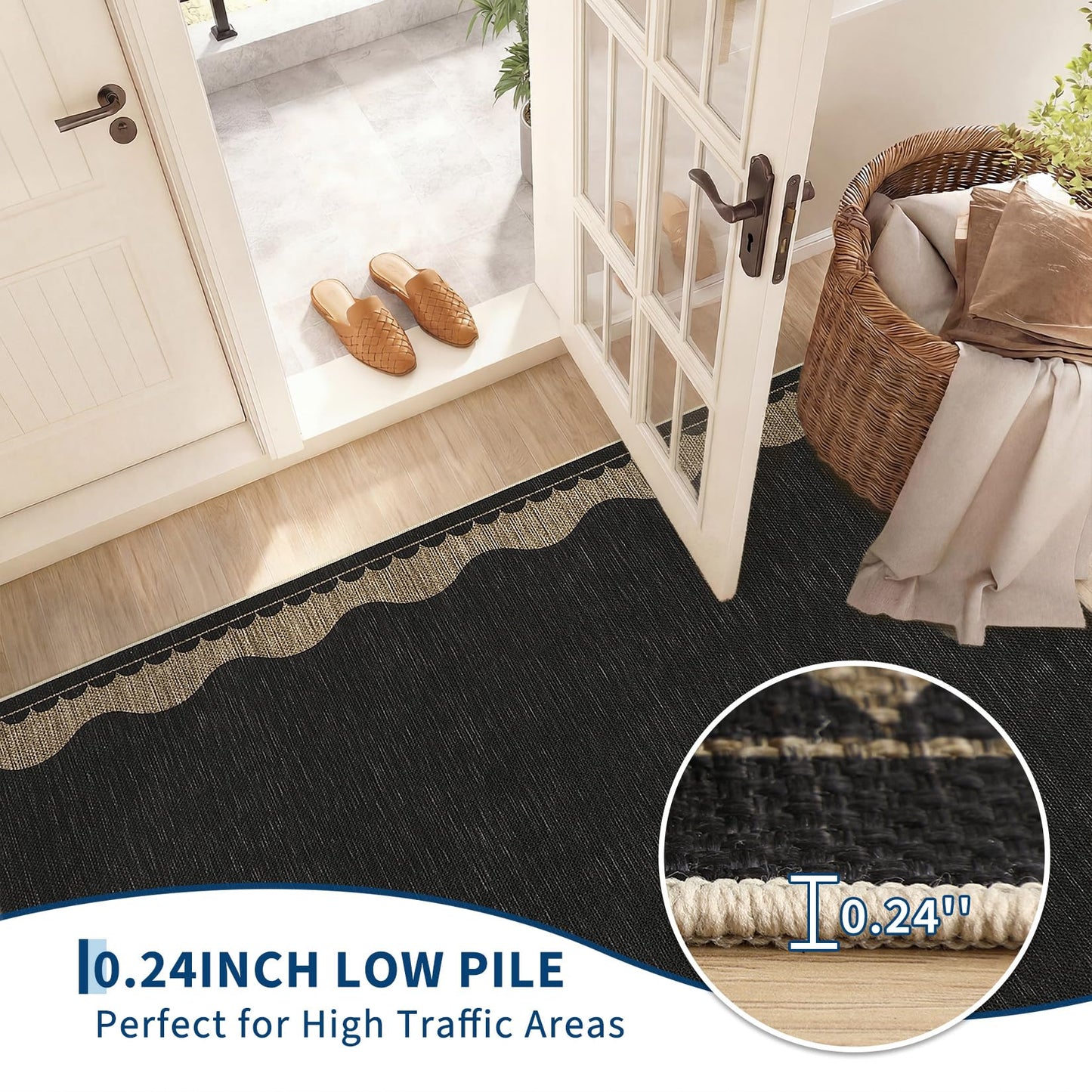 Garvee 2x6 Easy Jute Front Porch Rug, Neutral Scalloped Runner Rug with Non Slip Backing, Bordered Washable Rugs for Entryway, Stain Resistant Non Shedding Mats for Bedroom, Kitchen, Patio, Black