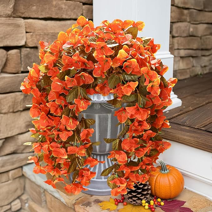 HyeFlora Bougainvillea Artificial Hanging Flowers Plants for Outdoors Winter Decoration, 2pcs Faux Bougainvillea Vines Orange Fake Flowers Realistic UV Resistant Silk Flowers for Outside Planter Yard