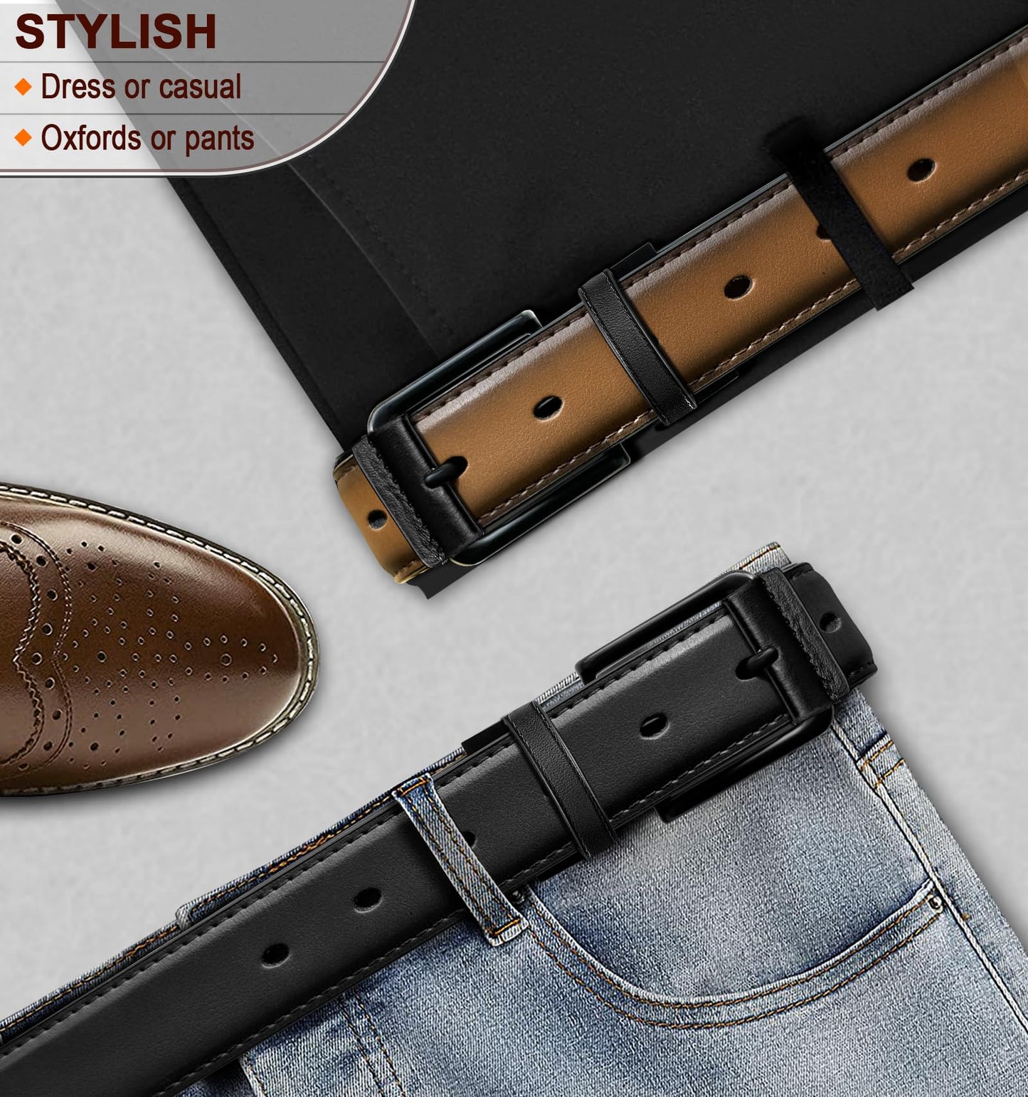 KEMISANT Men Reversible Belt-Leather Belt for Men Dress Casual Jeans 1 3/8",One Reverse For 2 Sides(Black/Tawny,28"-30" Waist Adjustable)