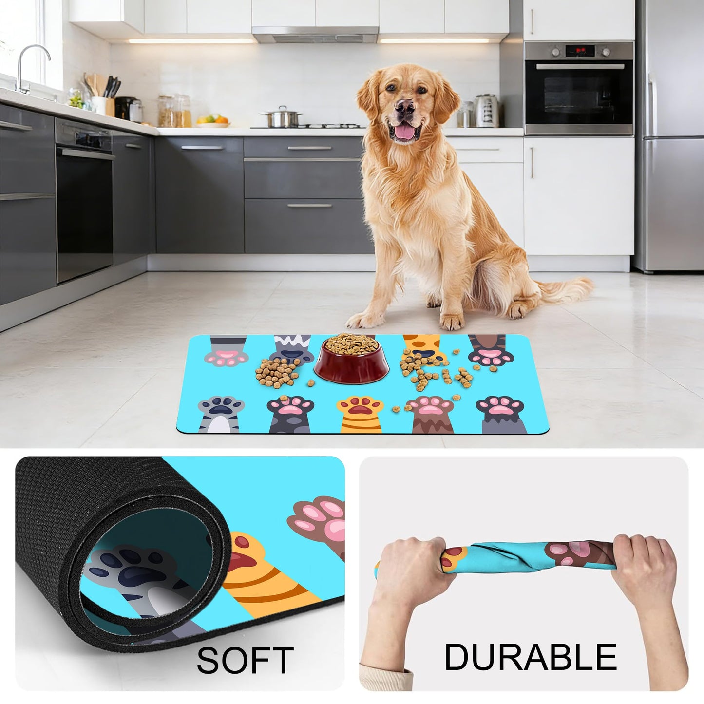 Cat Food Mat Pet Feeding Mat Paw 12" X 20" Non-Slip Super Absorbent, Dog Food Mat Pet Supplies for Floor (Light Blue)