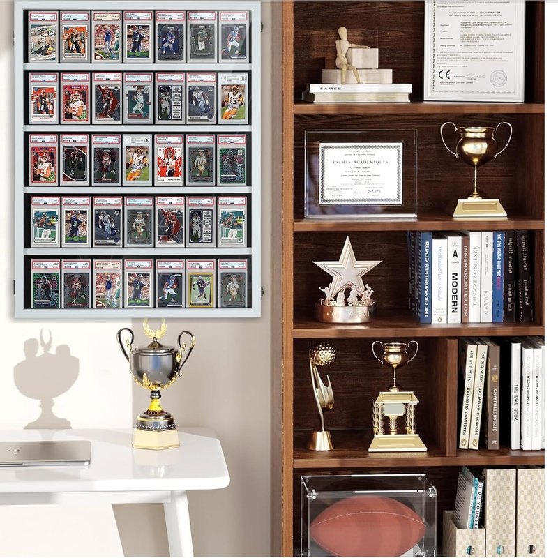 Wooden Sports Card Display Case - Lockable Plexiglass Frame with UV Protection | Holds 35 Graded Football, Baseball & Basketball Cards - White