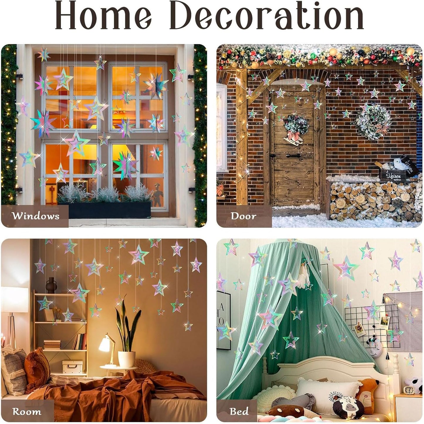 AimtoHome Holographic Star Garland Decorations– 14 Rainbow Paper Stars & 5.5ft 3D Twinkle Hanging Decor for Party, Home, Window, Door,Christmas Party Backdrop Decor (Modern Glitter Style)