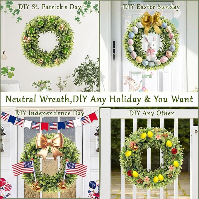 Spring Summer Boxwoods Green Wreath for Front Door Decor, 18-20Inch Greenery Artificial All Seasons Wreaths for Wall Window Porch Home Farmhouse Outdoor Outside Indoor Hanging Decorations