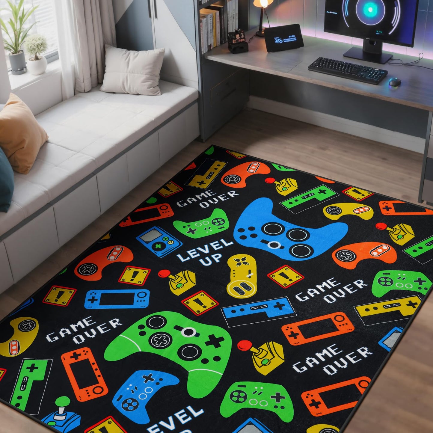 STARUIA Gamer Area Rug for Boys Room, 5x7 Washable Kids Rug for Boy Bedroom, Soft Black Cool Teens Video Games Console Carpet Kids Room Rugs for Game Room Playroom Living Room