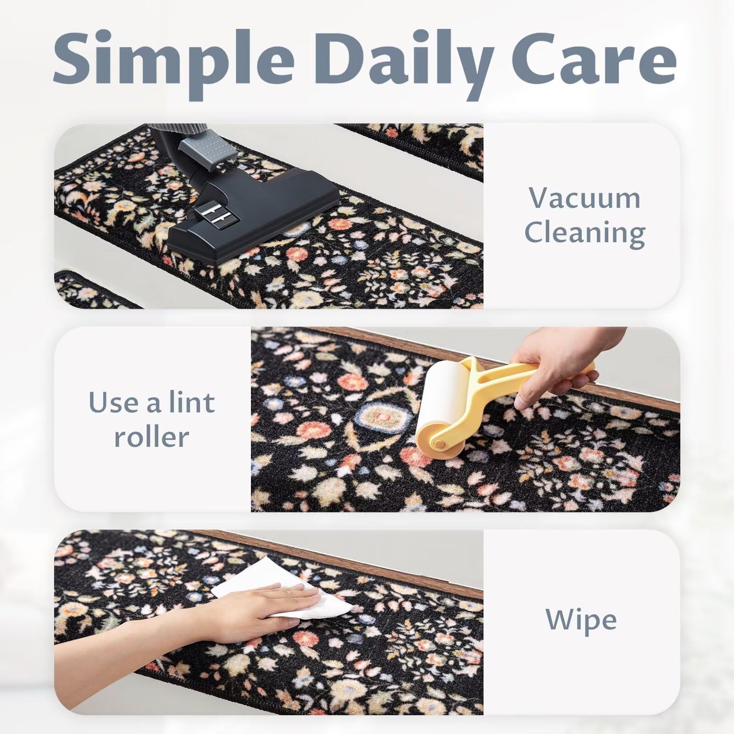 RORA Bullnose Carpet Stair Treads Non-Slip Stair Treads for Wooden Steps,Washable Stair Carpet,Floral Stair Rugs,Runner Indoor Stair Mats for Pets Elder,14pcs,29.5 ''x9.5 ”x1.5 '',Black