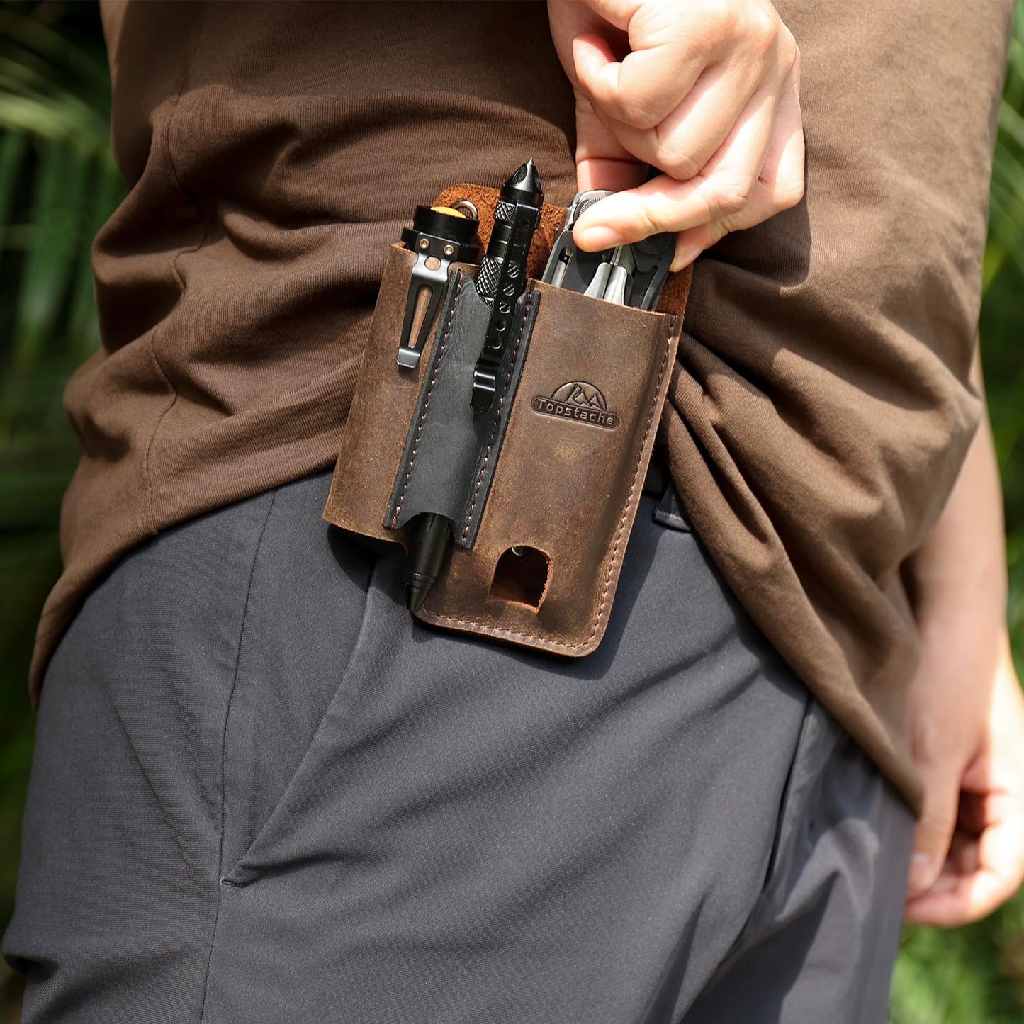 Topstache Leather Multitool Sheath with Belt Clip - Multi Tool Holster for Belt - EDC Belt Organizer Fits Multitool, Flashlight, Pen - Leather EDC Pouch, DarkBrown