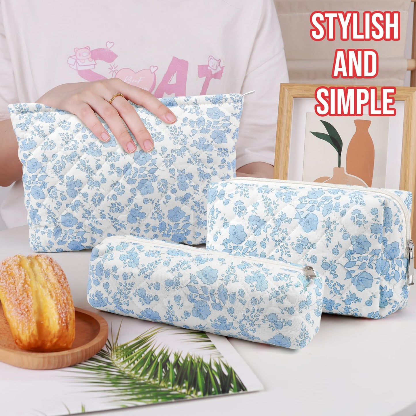 3 Pcs Makeup Bag Cosmetic Bag Set for Girls Women Checkered Travel Organizer Bathroom Toiletry Pouch Large Capacity Storage Bag(Blue Flower)