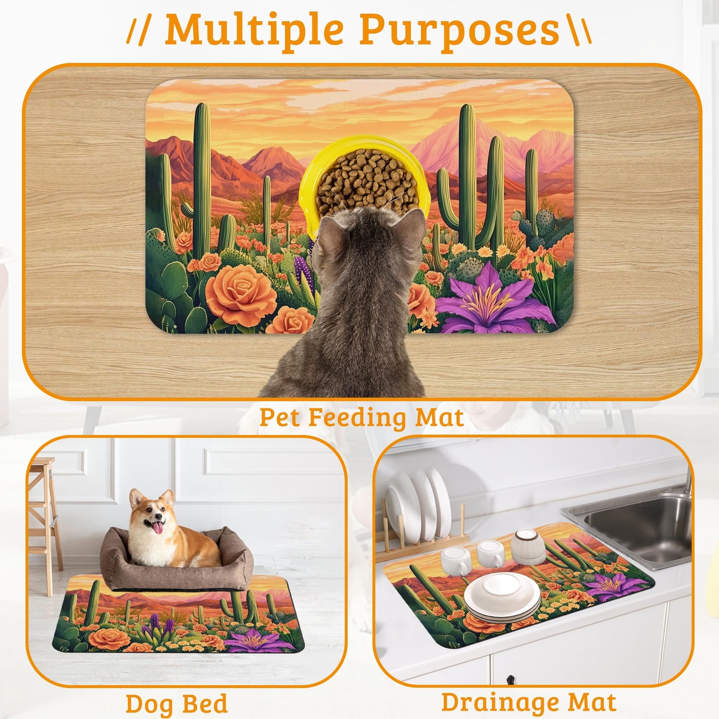 Pet Feeding Mat,Cactus Absorbent Dog Cat Food Mat Desert Dog Mat with Rubber Backing,Non-Slip Water Bowl Placemat,Pet Supplies 12" x 20"