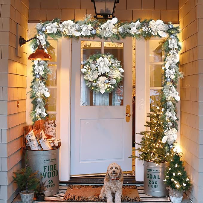 Lighted Christmas Wreath for Front Door with 20 LED Lights,22inch prelit Christmas Wreath with Big Flower and Ball Ornament,Winter Porch Decor,Indoor Outdoor Christmas Silver White Decorations
