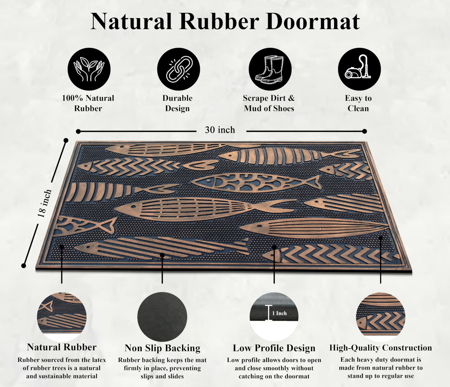 A1HC Rubber Welcome Doormat for Outdoor Indoor Entrance, Non-Slip Backing Front Door Mat for High Traffic Area Use, Fun Designed Entrymat, 18"x30" Nautical Fish
