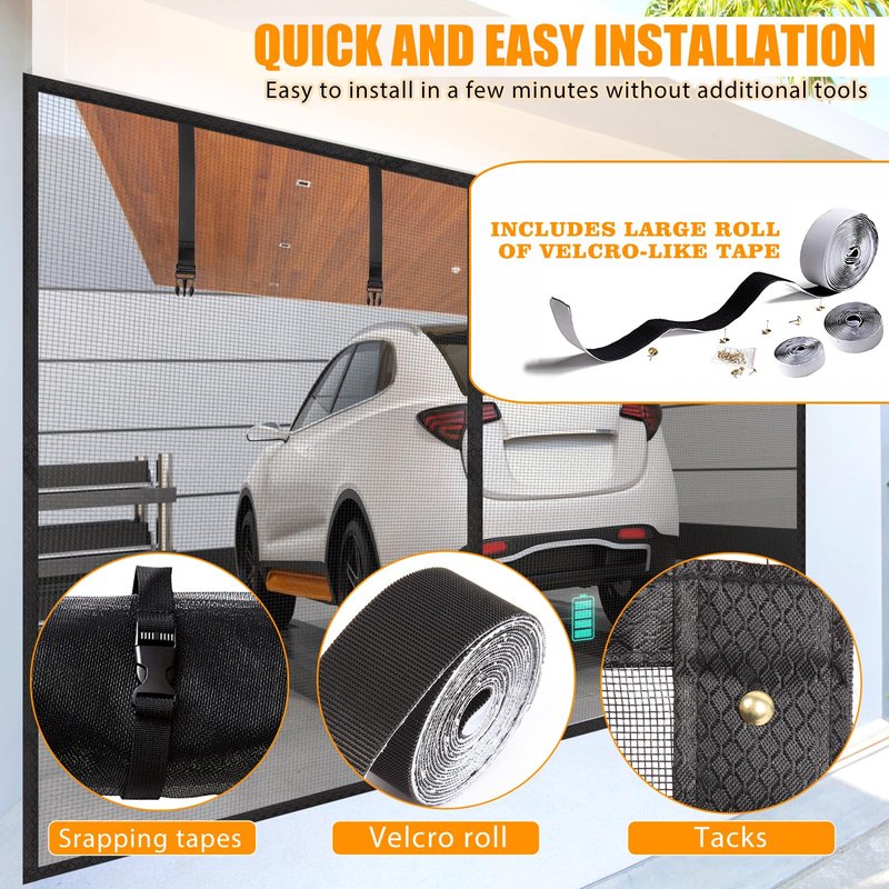 Garage Screen Doors for 1 car garage-8x8FT Fiberglass 1400g/4.1lb Durable Heavy Duty Magnetic Garage Door Screen Retractable Hands Free with 4 Roll Up Straps for Patio Workshop Home Gym Sun Room