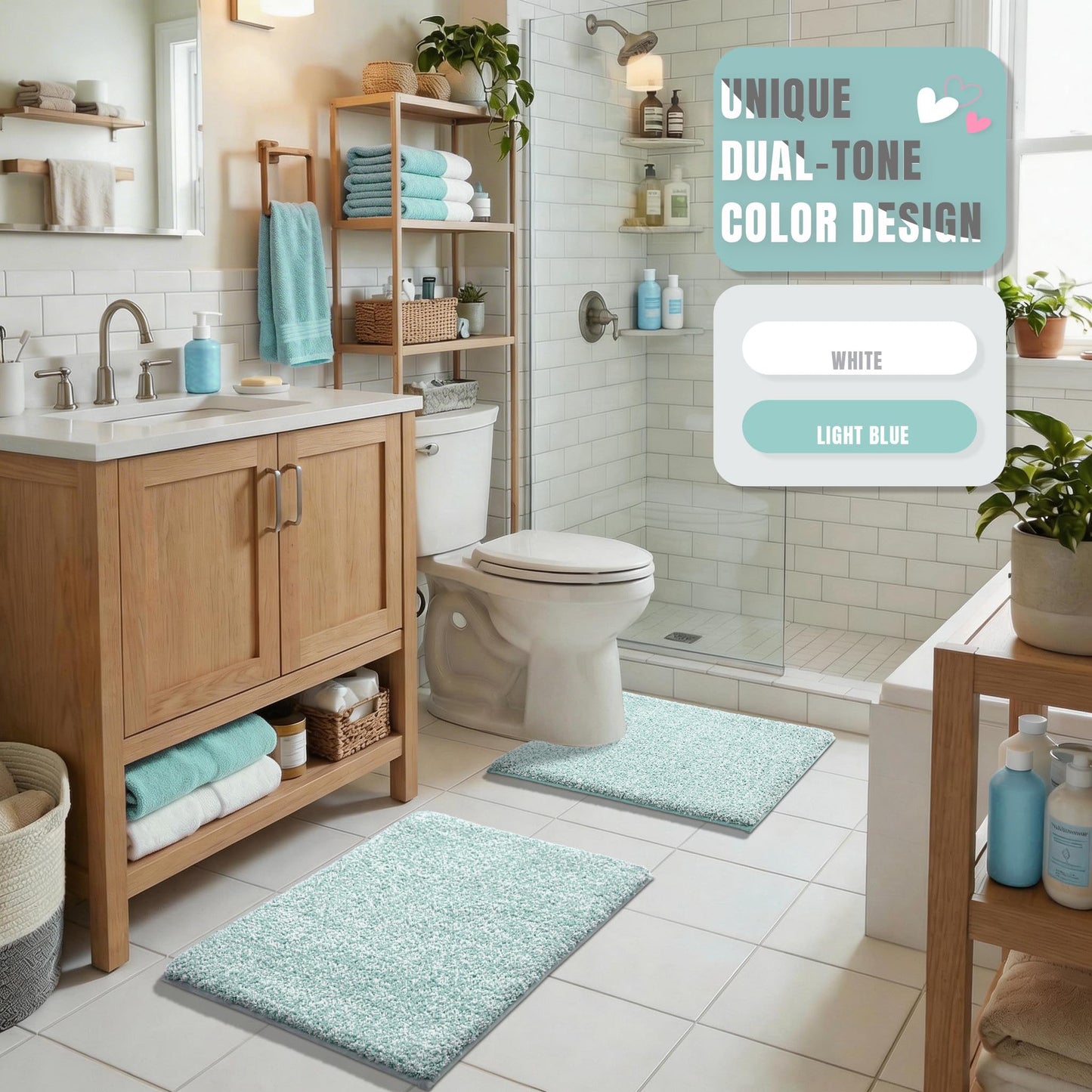 Yimobra Cushioned Anti-Fatigue Bathroom Rug, Bath Mat Non Slip Washable, Dense Soft Microfiber for Bathroom Sink, Shower, Tired Feet Comfort, Absorbent, 24" X 17", Light Blue and White