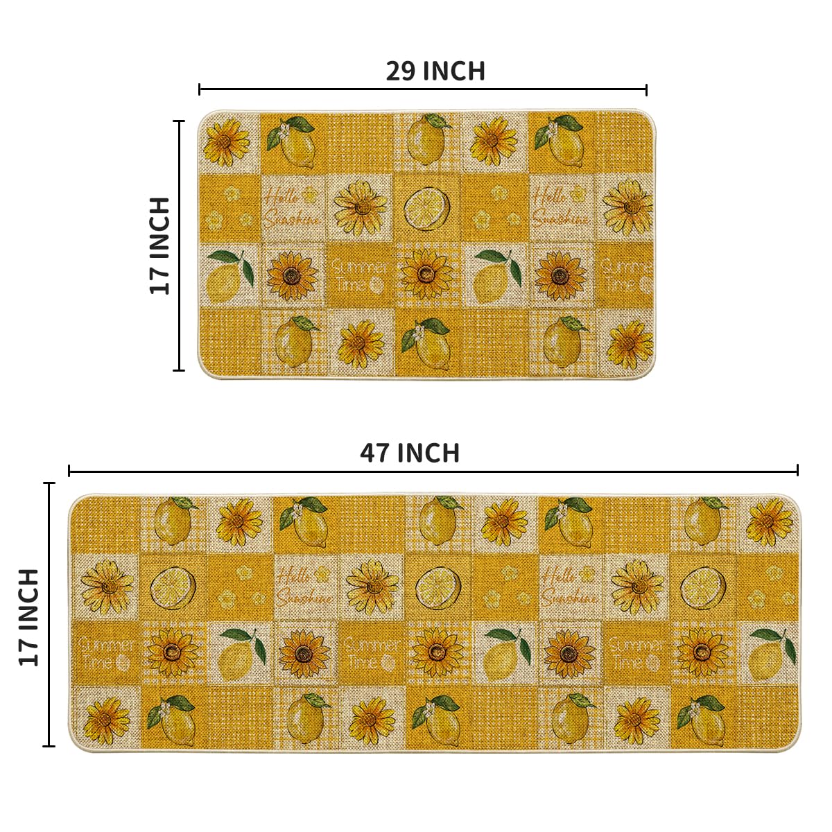 Artoid Mode Plaid Lemon Sunflower Summer Kitchen Mats Set of 2, Seasonal Low-Profile Home Decor Kitchen Rugs for Floor - 17x29 and 17x47 Inch