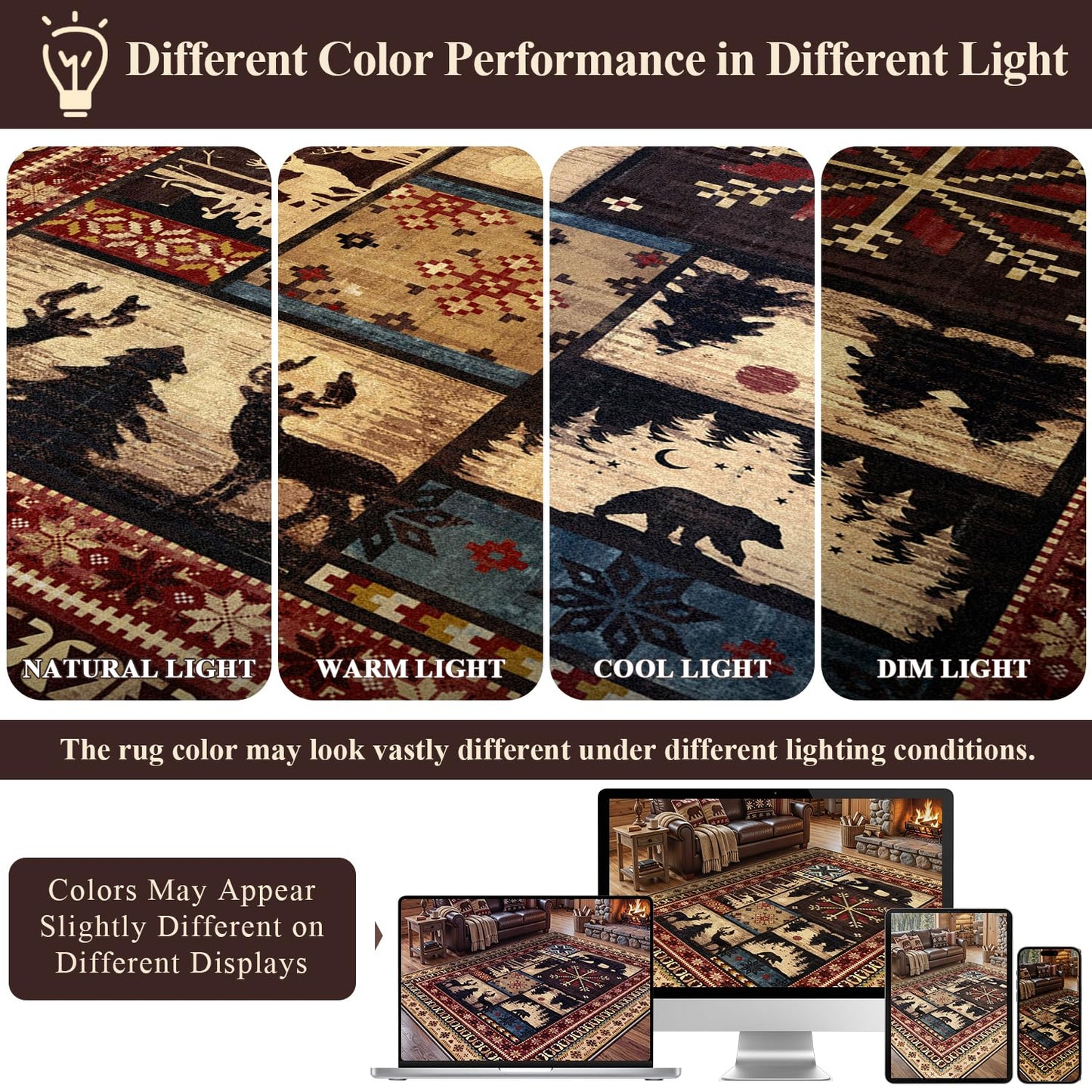 LOKHOM Rustic Cabin Area Rug 8x10, Machine Washable Bear Print Rug, Non-Slip Low Pile Soft Large Southwestern Lodge Rug for Bedroom Living Room Dining Room