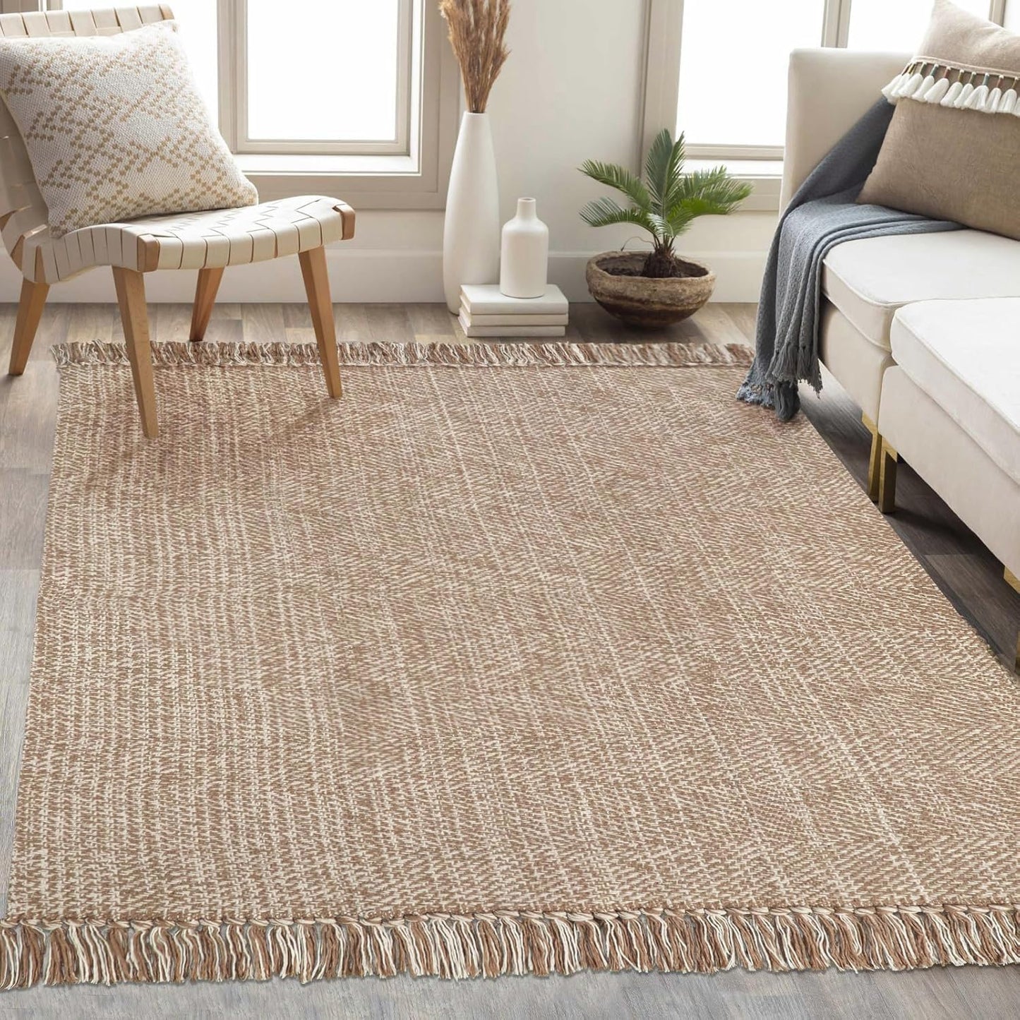 Collive Comfy Area Rug 4' x 6', Tan/Cream Woven Cotton Bedroom Rugs, Modern Indoor Accent Rug Floor Carpet with Tassel for Living Room, Nursery Room, Dining Room, Bedside, Office, Patio Decor