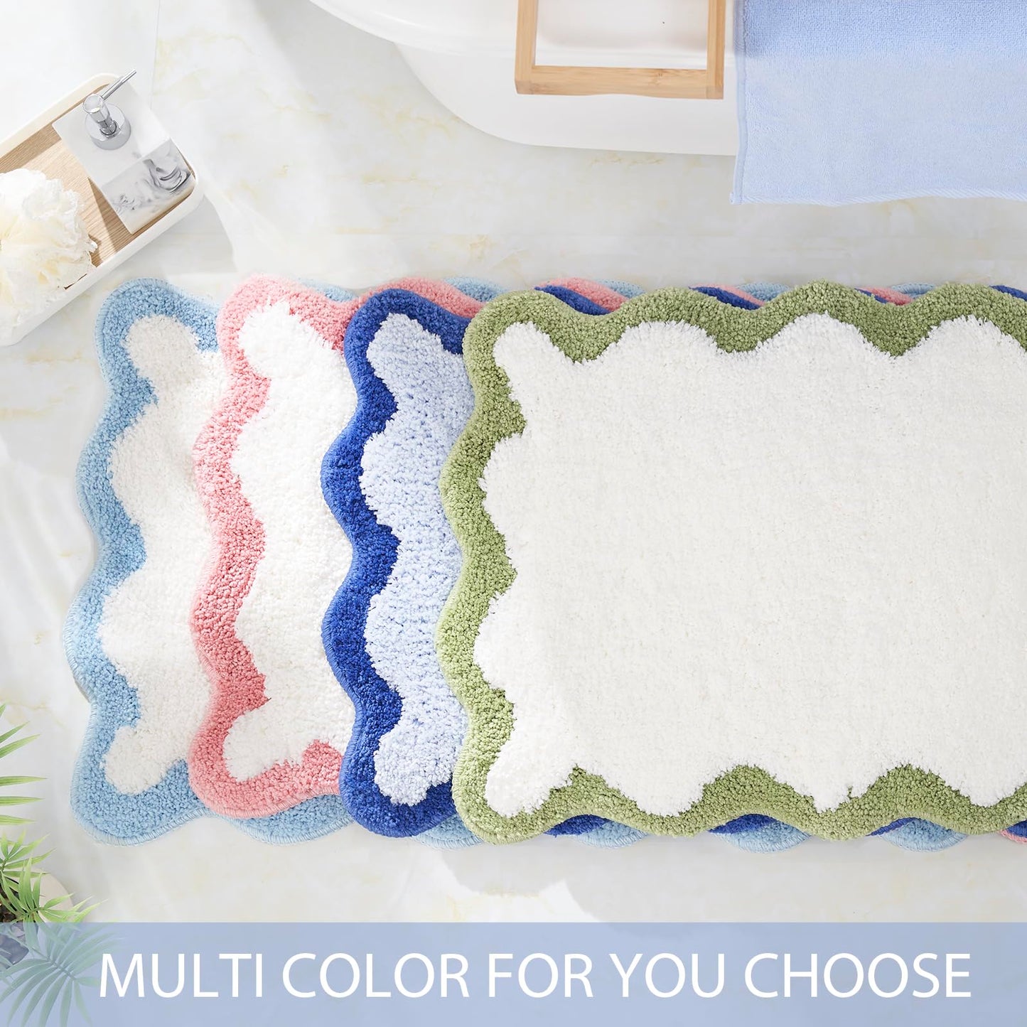 DyeFury Luxury Cute Bathroom Rugs, White Bath Mat W/Blue Scalloped Edge, Microfiber Aesthetic Trendy Funky Fun Preppy Rug, Extra Soft Bathroom Mat Non-Slip for Tub, Shower, and Bath Room 30'' x 20''