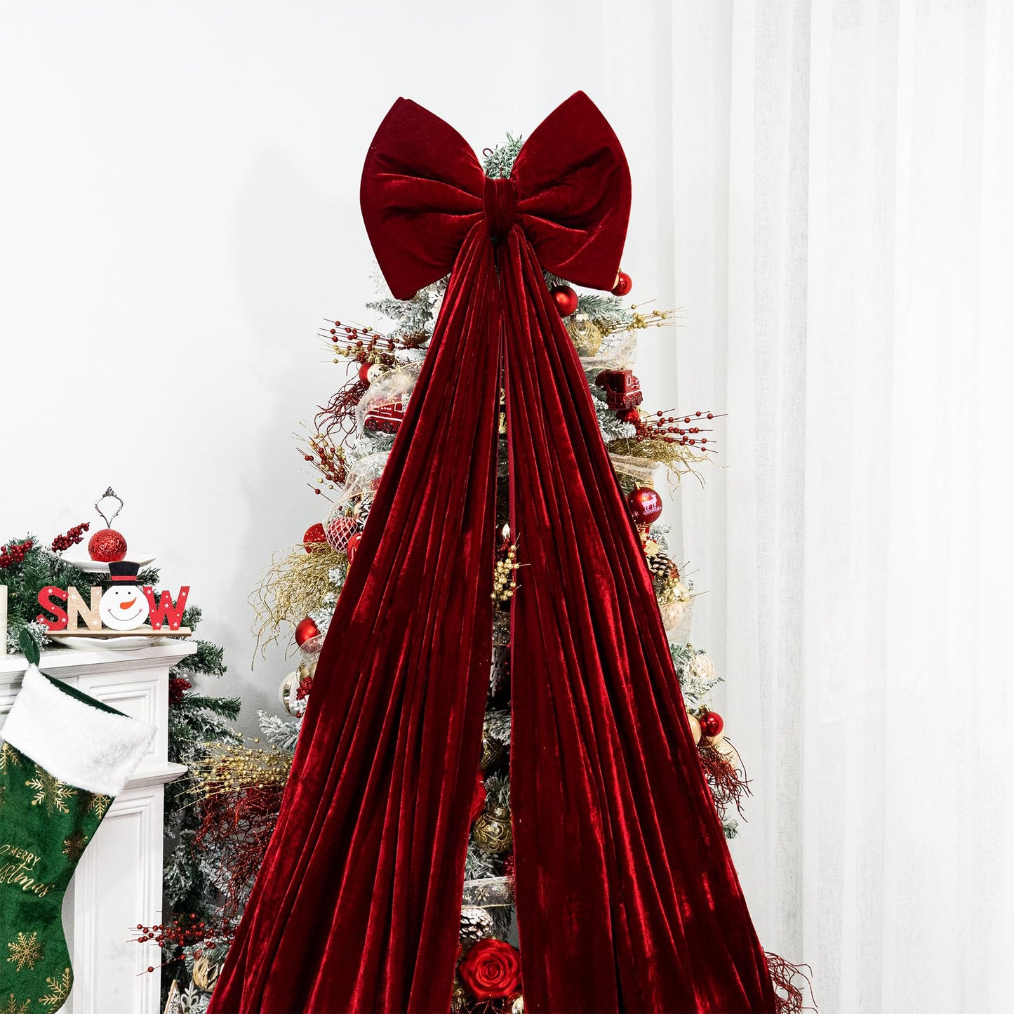 Hismir Christmas Tree Topper Bow,67x16 Inch Velvet Extra Large Room Decor Ribbon Bow for Wedding Engagement Birthday Party,Giant Xmas Bow Decorations for Home Wreath Door Wall(Burgundy)