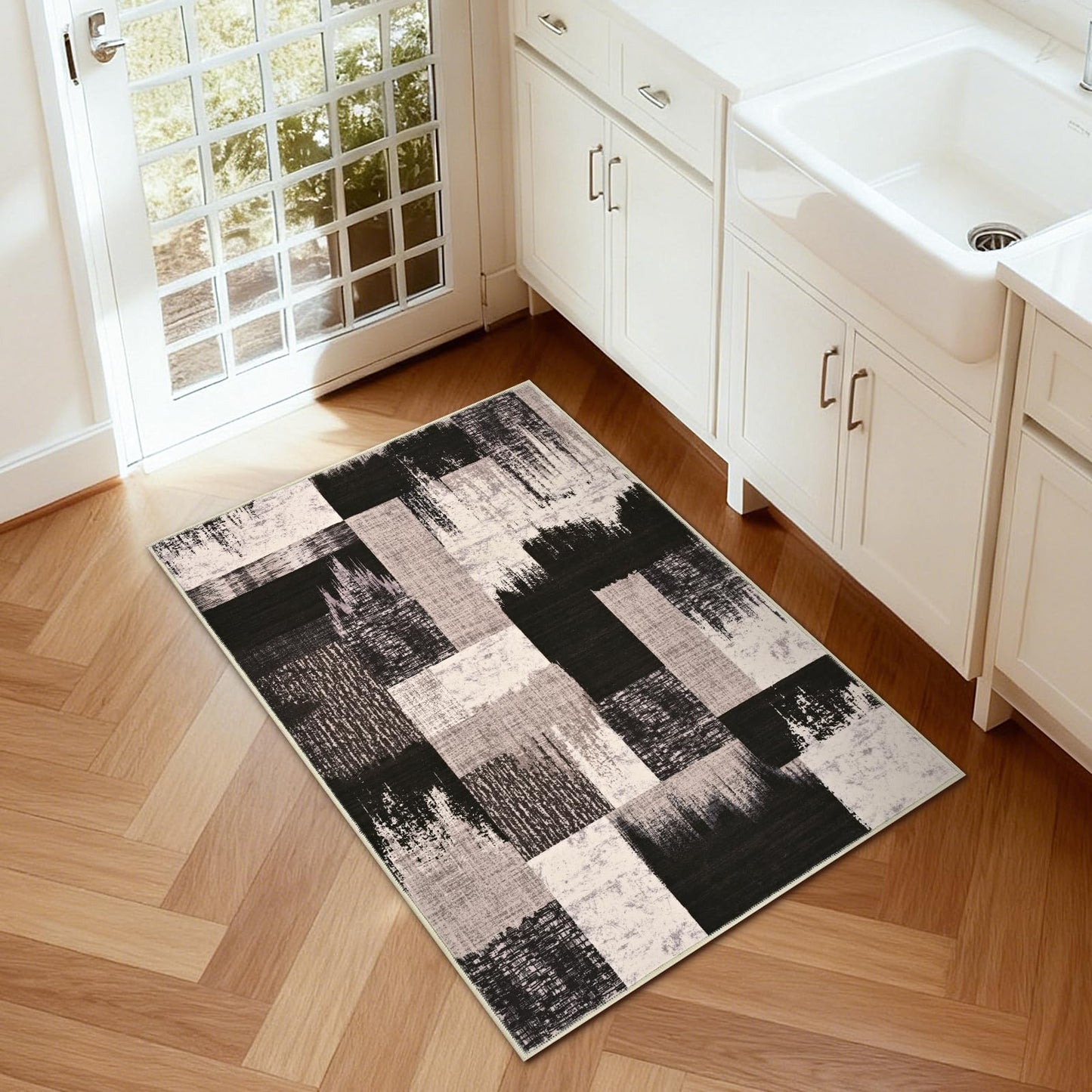 Yinhua Modern Geometric Entryway Rug 2x3, Patchwork Brown Rugs for Entryway Indoor Washable Abstract Area Rug Non Slip, Mid Century Door Rugs Stain Resistant, Low Pile Door Mat for Kitchen, Laundry