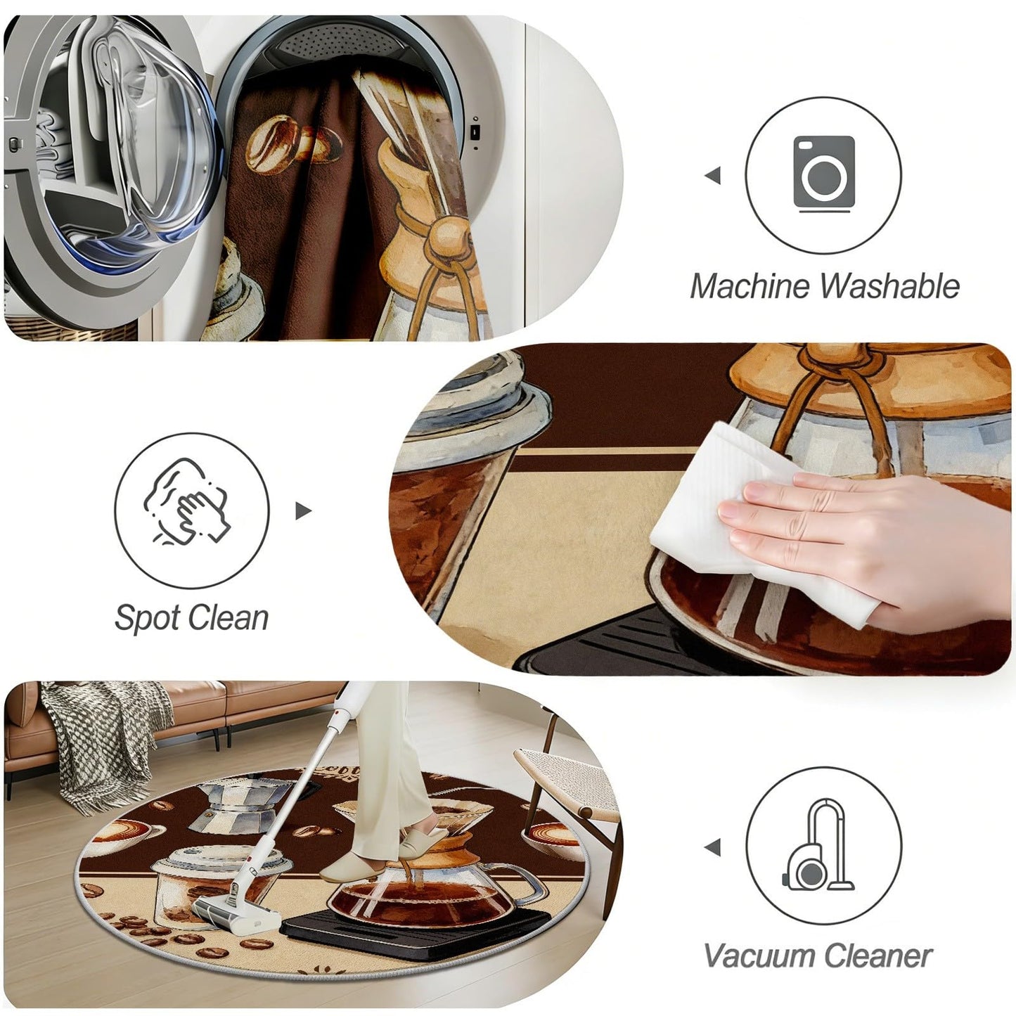 Egljss 4ft Round Rug, Coffee Bean Circle Area Rug for Living Room, Brown Round Carpet for Bedroom, Coffee Cup Circle Washable Rugs for Dining Table, Rugs Non Slip Kitchen