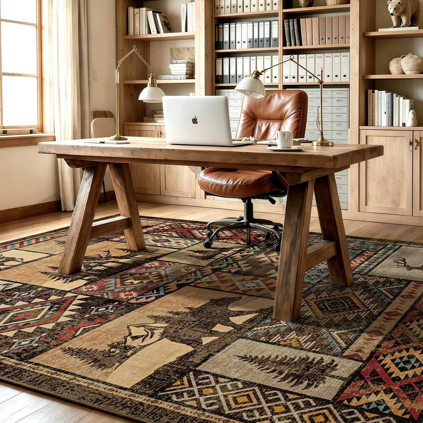 HOMORE Rustic Cabin Living Room Rugs 5x7, Washable Southwestern Area Rug Geometric Carpet with Bear Print, Western Rug for Bedroom Dining Room,Brown