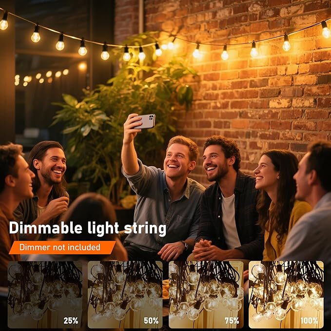 50Ft LED G40 Globe Outdoor String Lights Waterproof Patio Lights with 27 Shatterproof Warm White Bulbs, Hanging Outdoor Light for Backyard Balcony Wedding Christmas Party Decorations, Black Wire