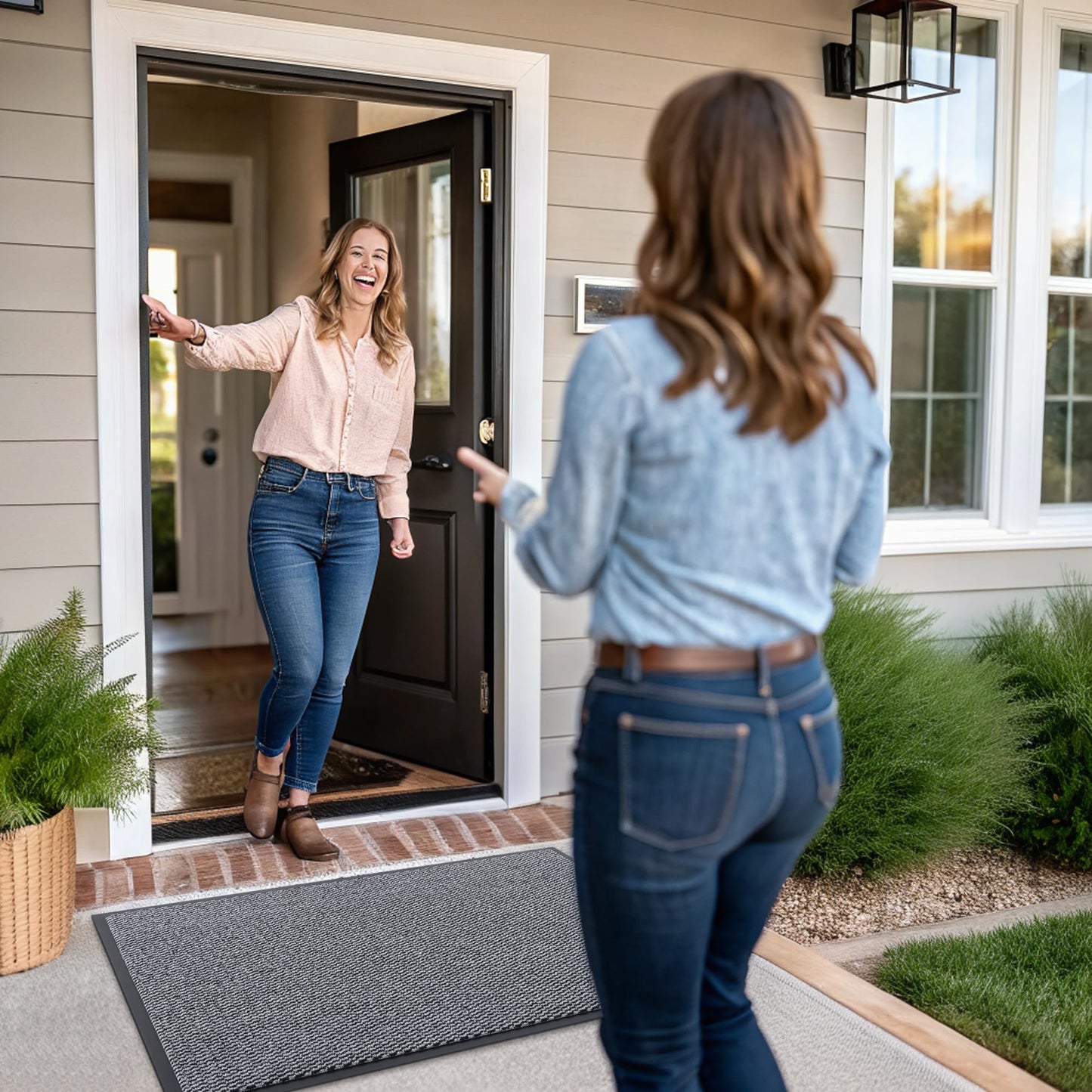 Smiry Front Door Mat Outside Entrance, Low Profile Sturdy Rubber Doormat, Heavy Duty Dirt Trapper, Non-Slip PVC Backing, Easy Clean Floor Mat for Indoor Outdoor Entry, 35x23 Inch, Black
