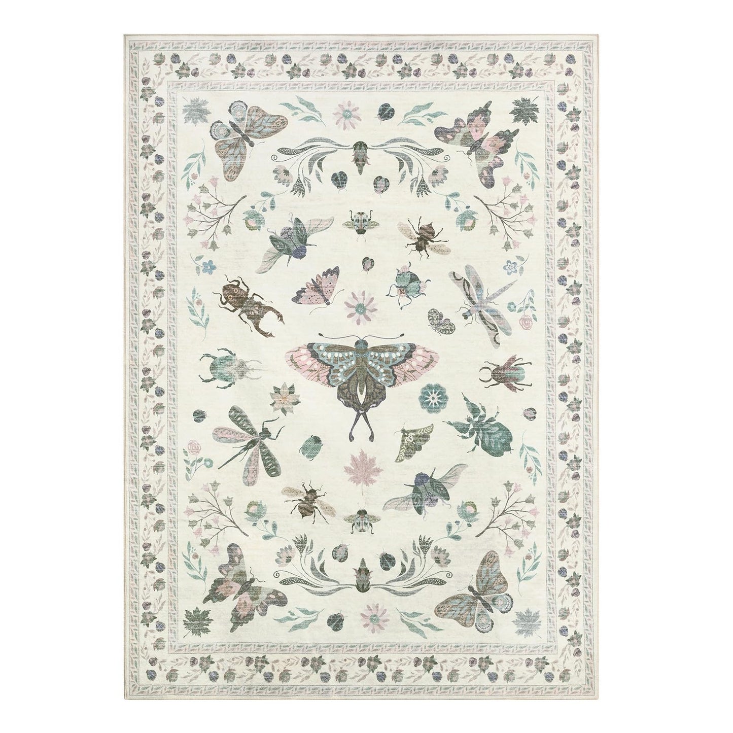 Dadasgk Insect Print Washable Area Rugs 5x7, Soft Rugs for Living Room, Ultra-Thin Non Slip Modern Bedroom Rug, Throw Rug Large Boho Carpet for Dining Room Kids Nursery Office, Beige