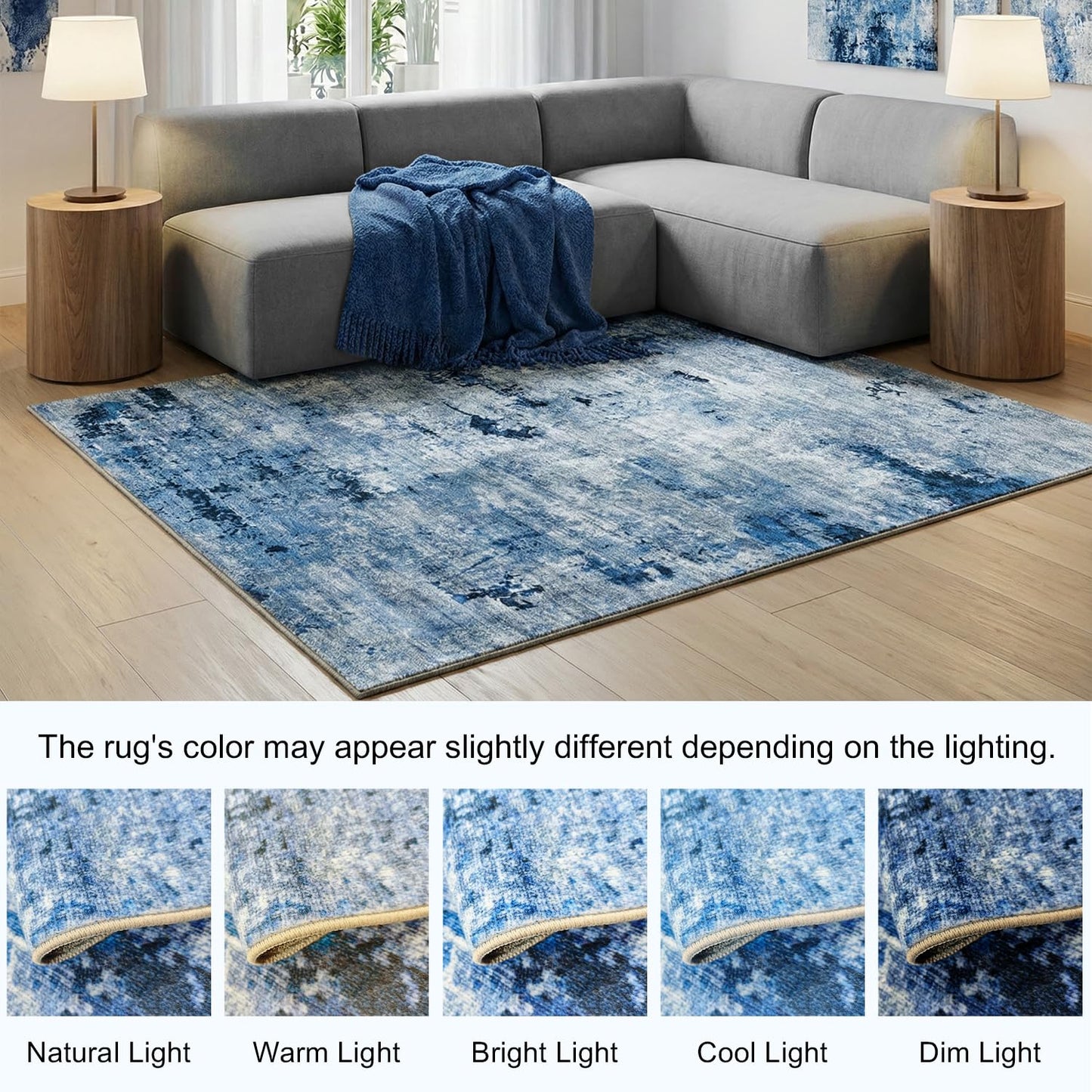 Cnythlis 8'x10' Washable Area Rugs for Living Room Bedroom, Pet Friendly Non Slip Low Pile Rug for Hardwood Floors High Traffic Areas, Modern Abstract Stain Resistant Carpet, Blue