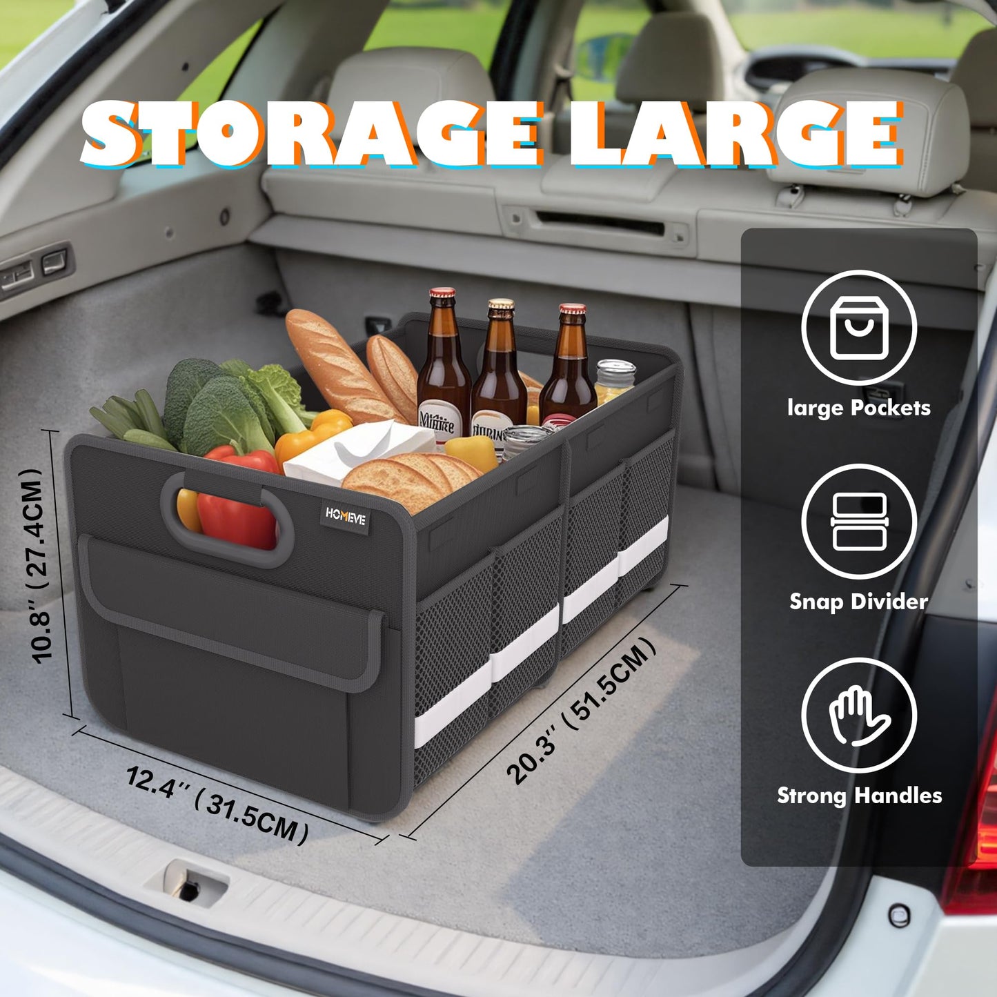 Homeve Trunk Organizer, Car Storage, Reinforced Handles, Collapsible Multi-Compartment Car Organizers, Foldable, Waterproof, 2 Compartments, Suitable for Car Accessories, SUV (Black, Standard)