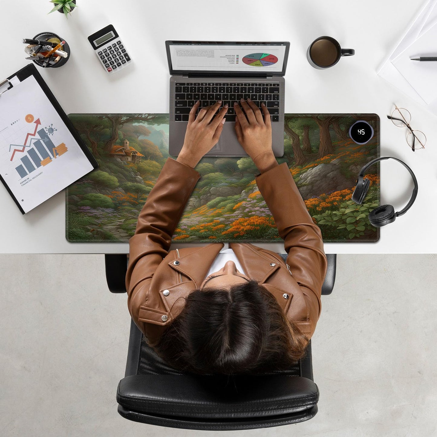 Heated Mouse Pad Hand Warmer, Warm Desk Pad Mousepad Desk Mat with 3 Levels Heating and 3 Hours Auto Shut Down 31.5 x 13 inch PU Leather Warmer Keyboard Mat for Gaming Laptop Office Home, Forest Art