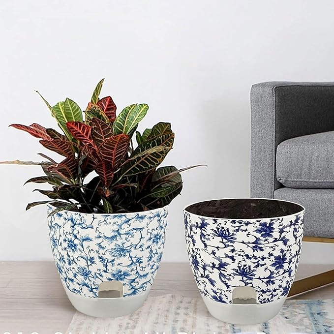 Print Flowerpots Round Plant Pots - 2 Pack Outdoor Garden Planter Plastic Indoor Modern Decorative Succulent Houseplant Pot with Drainage 5FP-BLUWHT