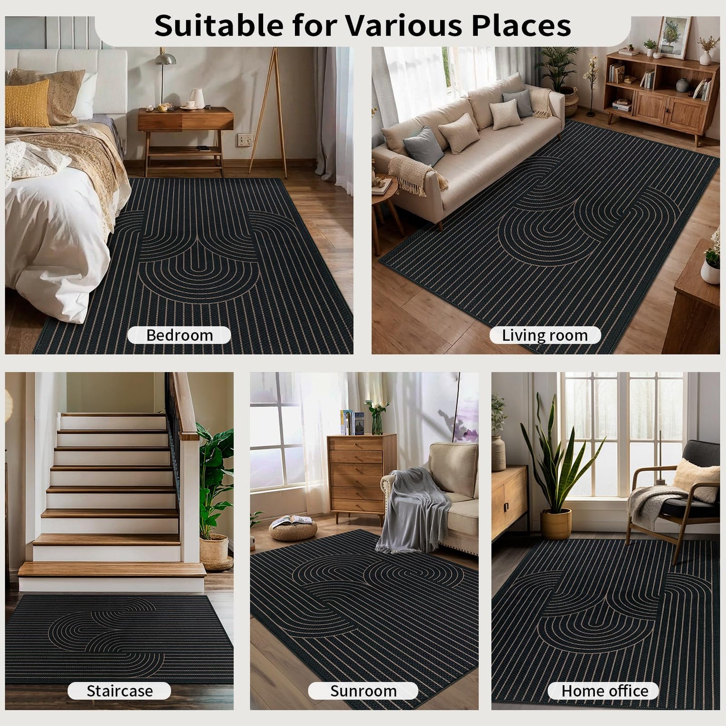 Tangsoo Rainbow Easy Jute Rug 2x6 Washable Runner Rug for Hallways,Non-Slip Thin Black Geometric Outdoor Rug Runner,Modern Farmhouse Carpet for Porch Laundry Bedroom Kitchen Entryway