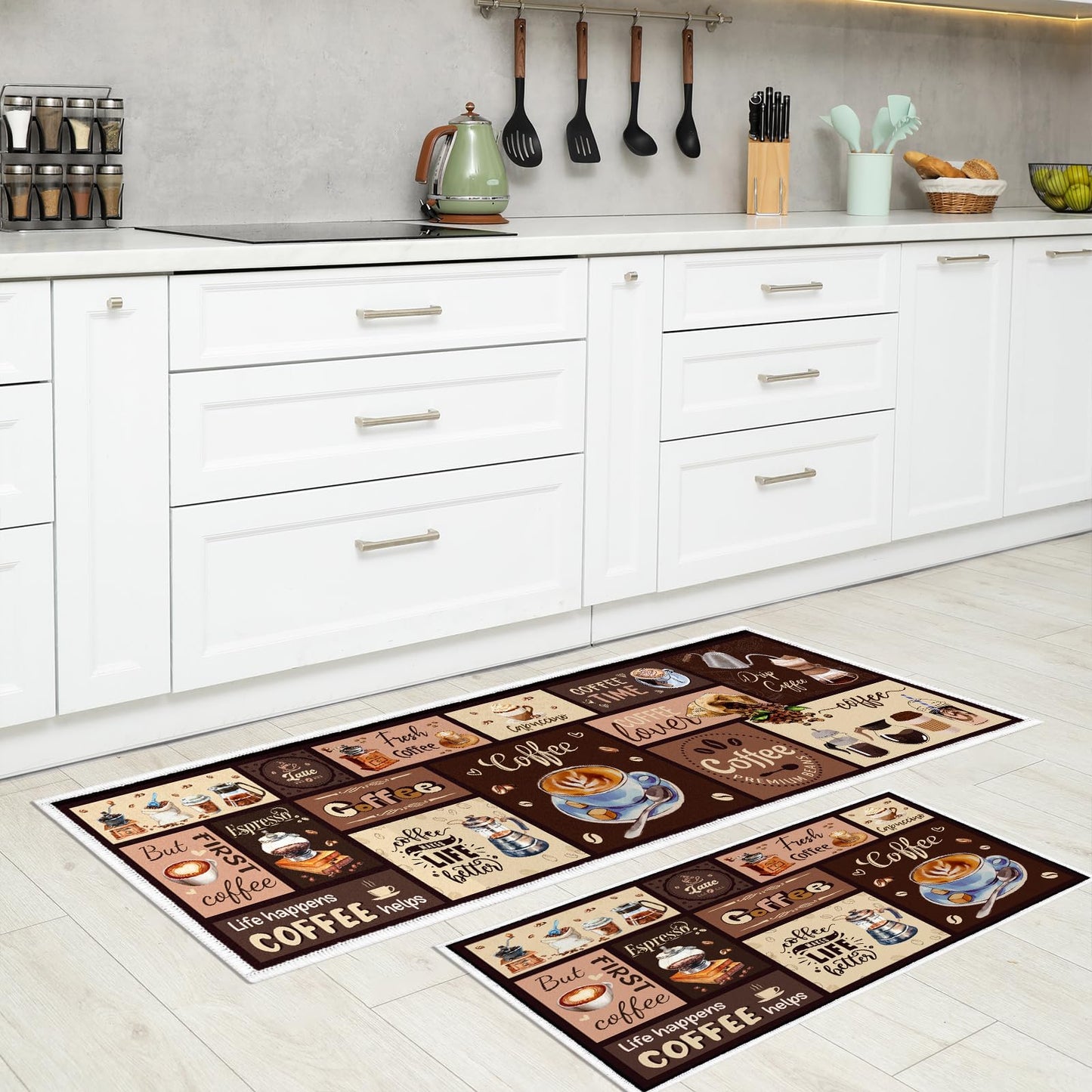 InIsaJace Coffee Kitchen Mats for Floor Rugs for Kitchen Floor Fatigue Mat 2 Piece Set Absorbent and Washable Runner Rugs Farmhouse Style Non Slip Kitchen Rug, 15x27+15x47 Inch