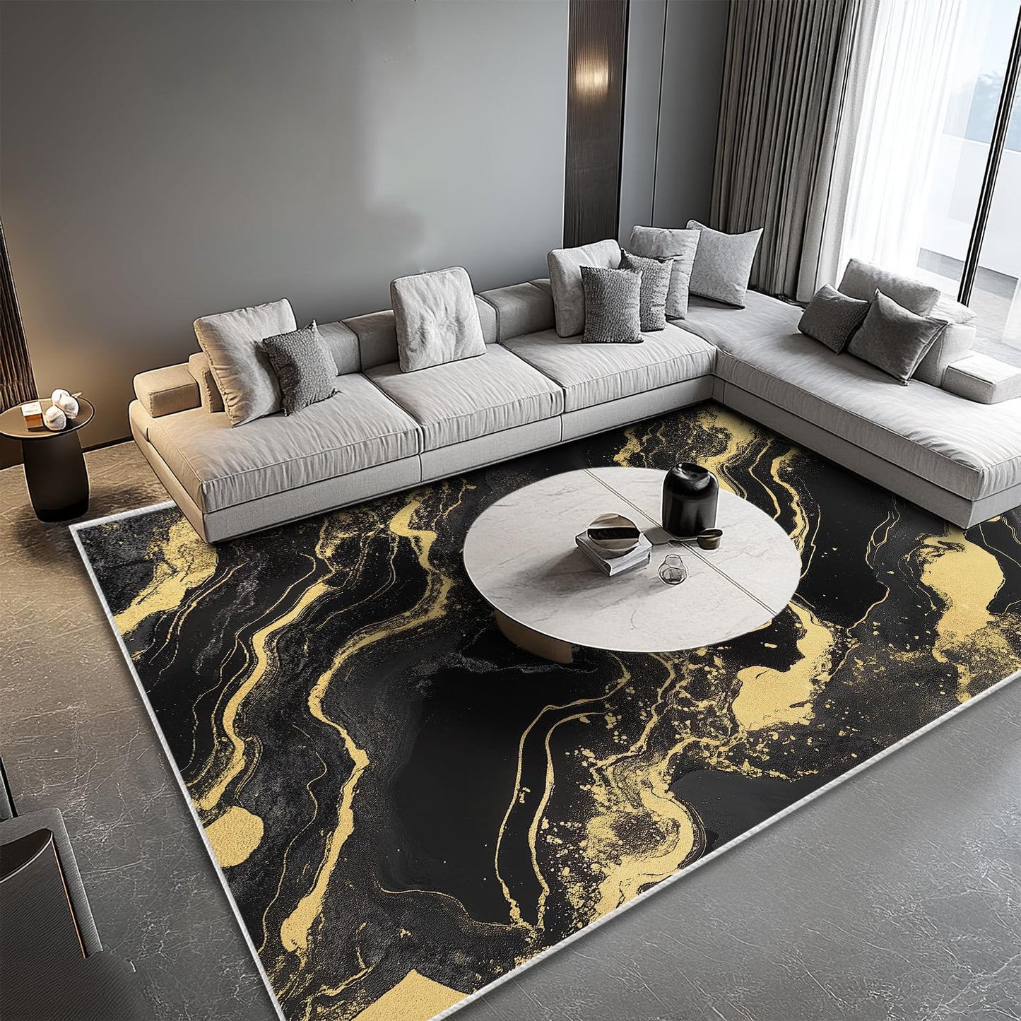 8x10 Area Rug Black and Gold Modern Large Rug for Living Room Indoor Machine Washable Abstract Rugs for Bedroom Ultra Soft Dining Room Carpet Non-Slip Non-Shedding Throw Rug for Home Office