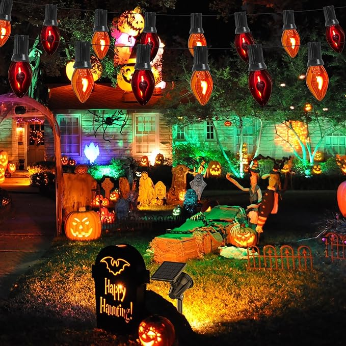 Halloween Orange Purple Lights Outdoor, 25FT C7 Halloween Flickering Flame String Lights with 27 Flame Bulbs, Hanging Patio Lights Waterproof Connectable for Patio Garden Yard Roofline Party Decor