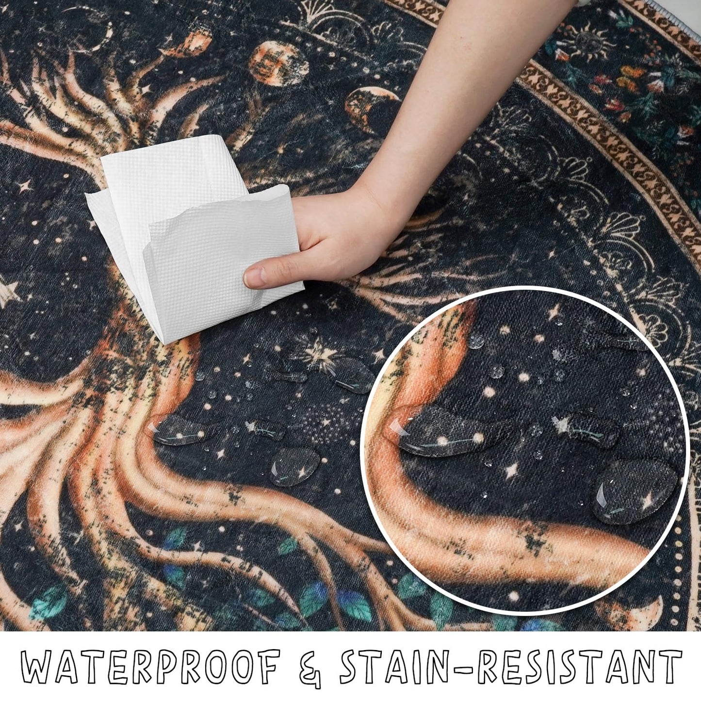 wesncdch Non-Slip Washable Boho Area Round Rug for Living Room Reading Corner 4ft,Bohemian Mandala Moon Phase Tree of Life Floral Soft Indoor Throw Rugs for Bedroom,Kitchen,Laundry,Bathroom Decor