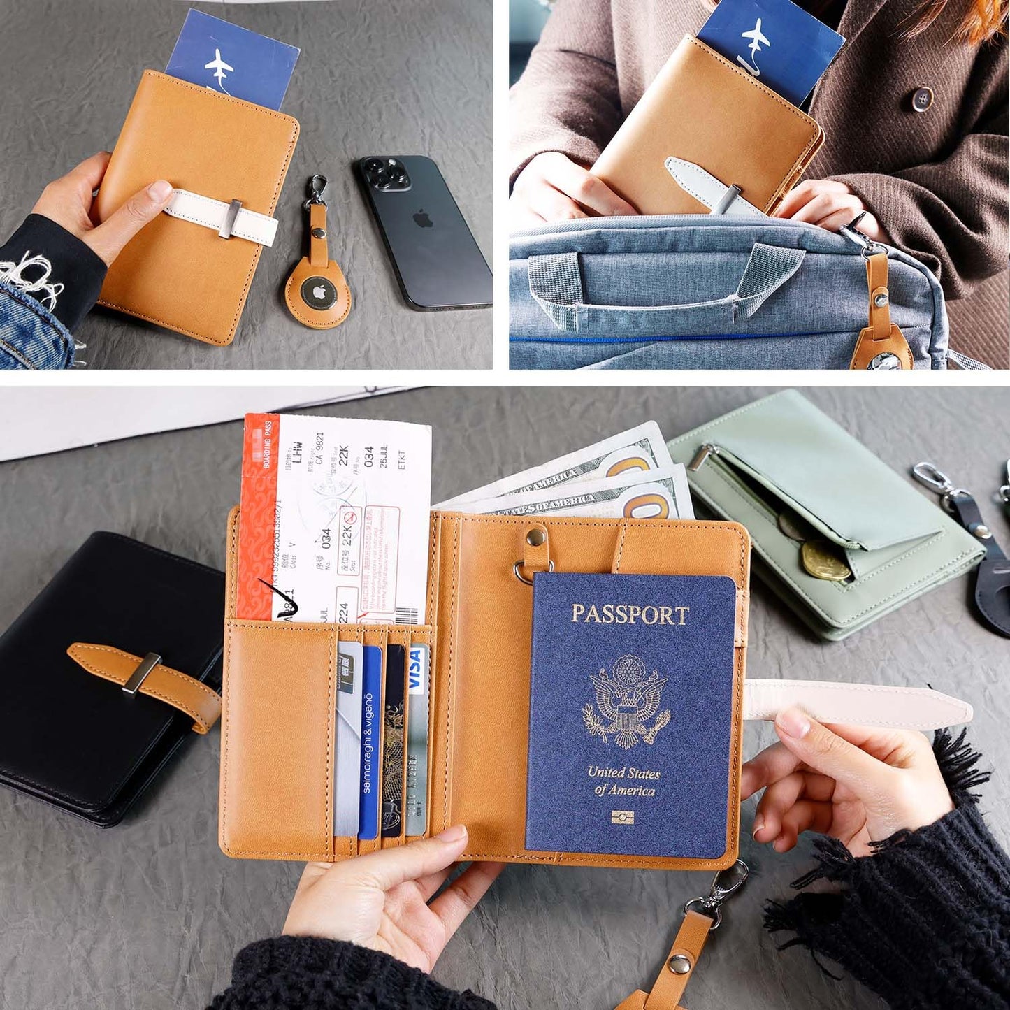 Deziliao Passport wallets, Mulit-purpose RFID Blocking Passport Holder AirTag Wallet, Travel Wallet Cover Case(Brown)