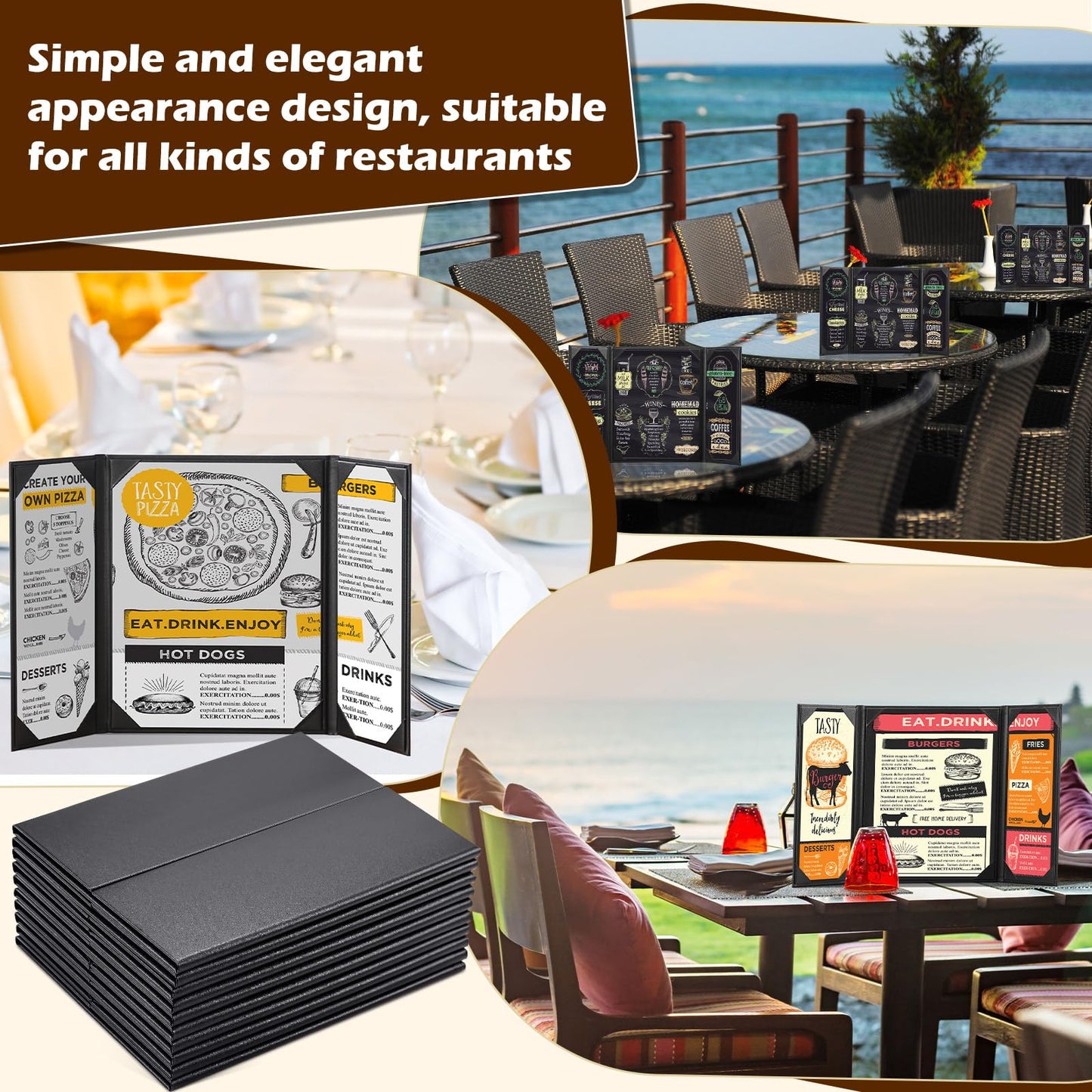 Jexine 10 Pcs Folding Model Menu Covers Holders for 8.5 x 11 Inch and 4.25 x 11 Inch, Waterproof Restaurant Black Leather Menu Covers Holders for Wine List, Drinks, Cafes, Bar, Hotel