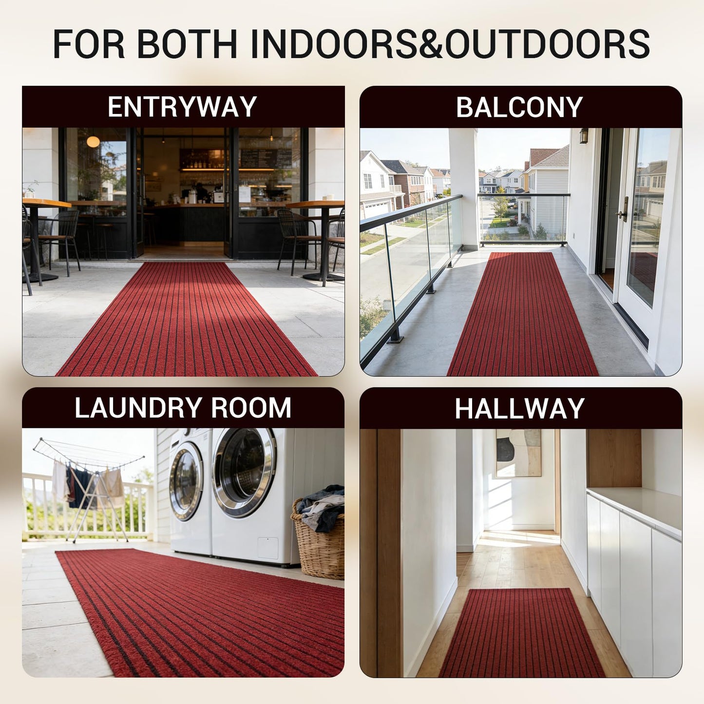 Stripe Runner Rug 3 x 15 ft Indoor Outdoor, Burgundy Non Slip Rubber Backing, Waterproof Low Profile Area Runner for Hallway, Entryway, Kitchen, Patio, Garage, Stairs & Laundry