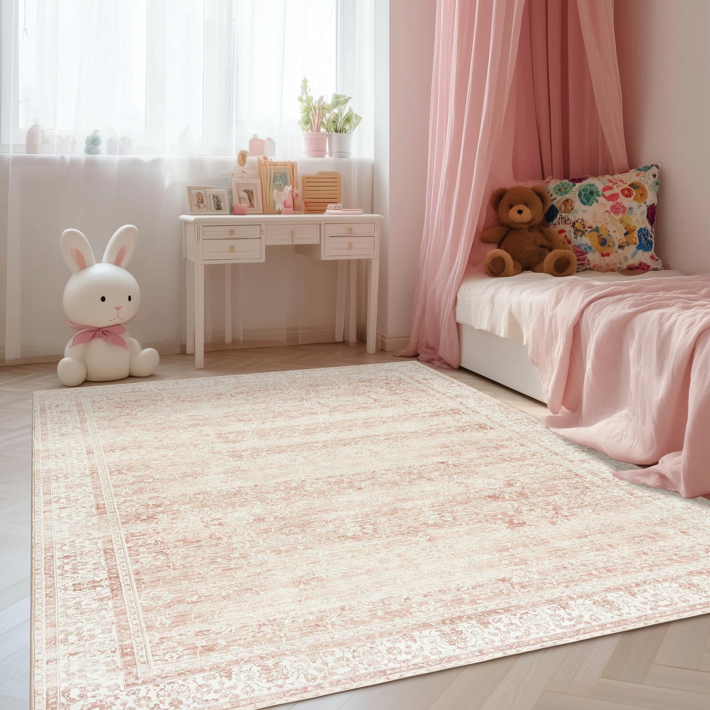 BILEEHOME Light Pink Nursery Rug for Baby Girl Neutral Blush Pink Boho Floral Pattern Carpet 5 x 8 Washable Non Slip Low Pile Soft Surface Area Rugs for Living Room Bedroom Playroom,5x8