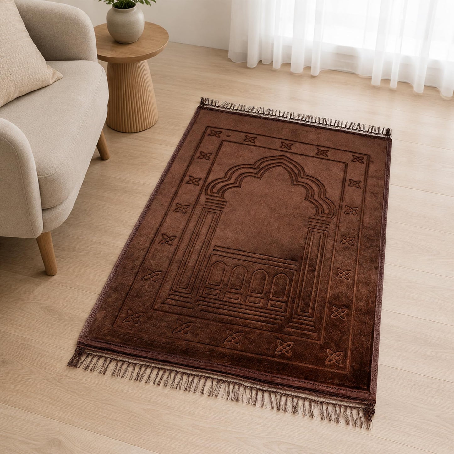 BARQENOR Brown Muslim Prayer Rug Soft Velvet Islamic Sajadah Prayer Mat with Tassels 31.5 x 47.2 in