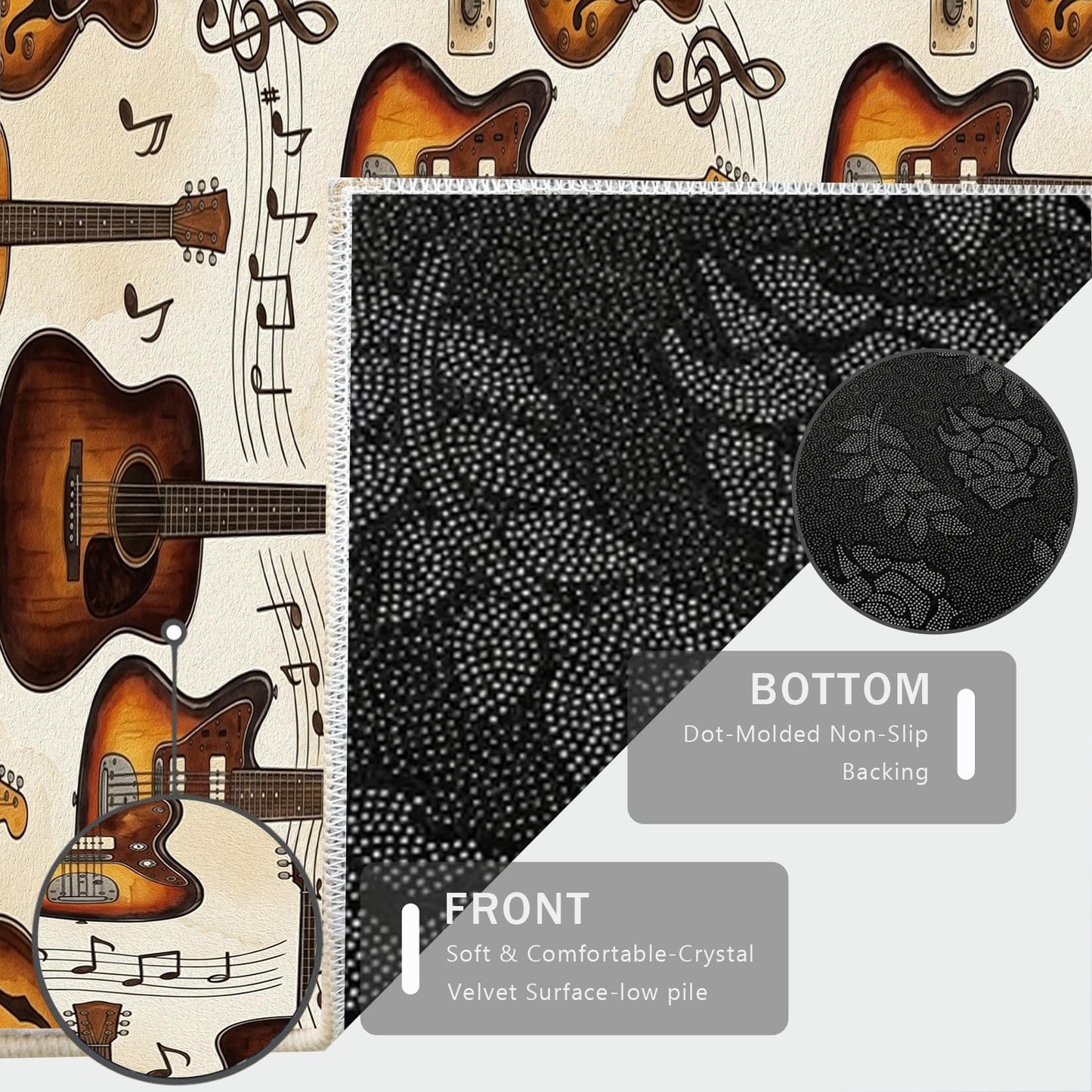 Vintage Guitar Runner Rug, 2x7ft American Style Studio Rug Musical Note and Acoustic Guitar Instrument Design, Musical Carpet for the Bedroom, Living Room, Classroom, Study, or Play Area