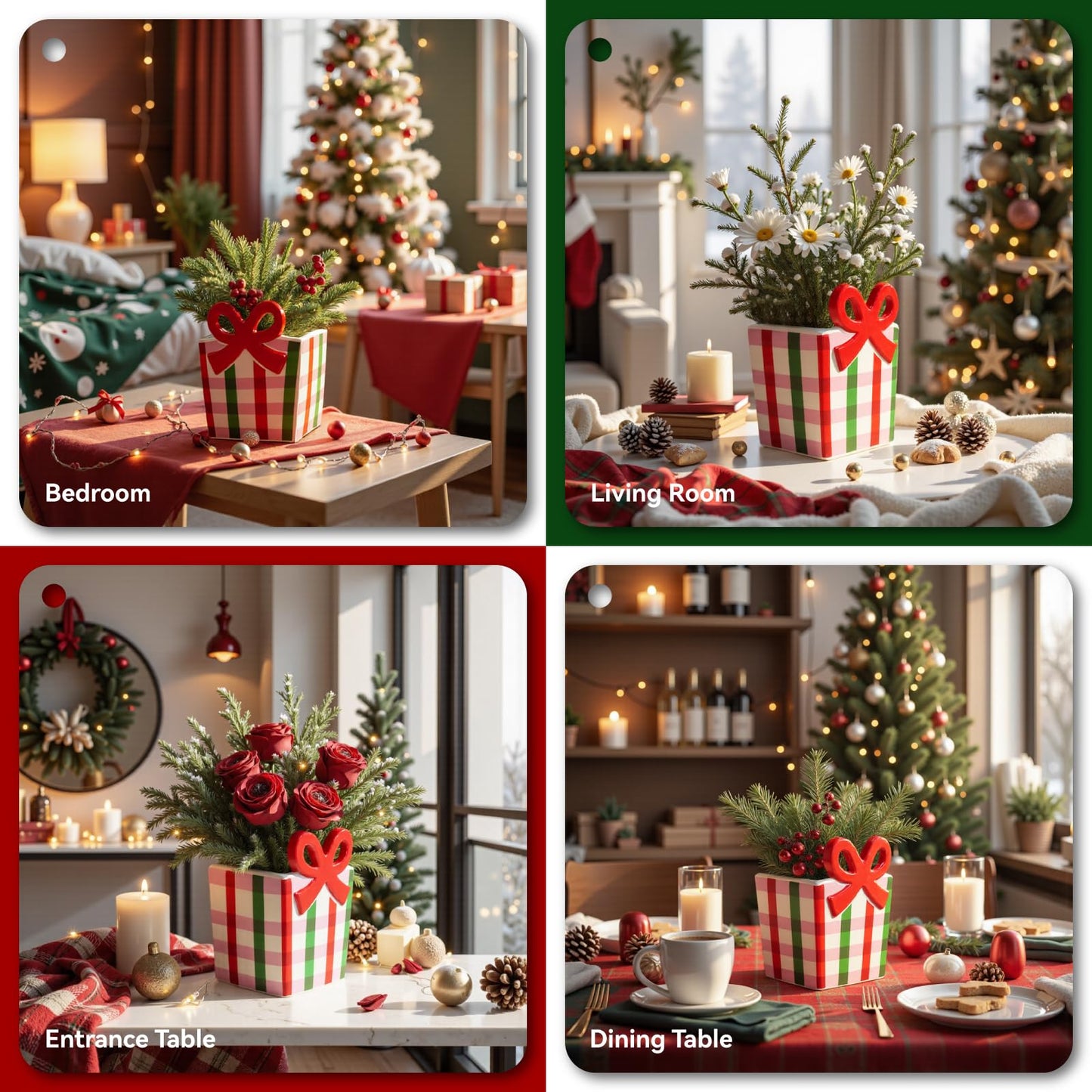 DIF DECO Red Bow Christmas Vase, 6.5 Inch Ceramic Unique Wide Paper Bag Vase, Xmas Cute Holiday Flower Pot for Centerpieces/Home/Living Room/Shelf Table, Modern Decor