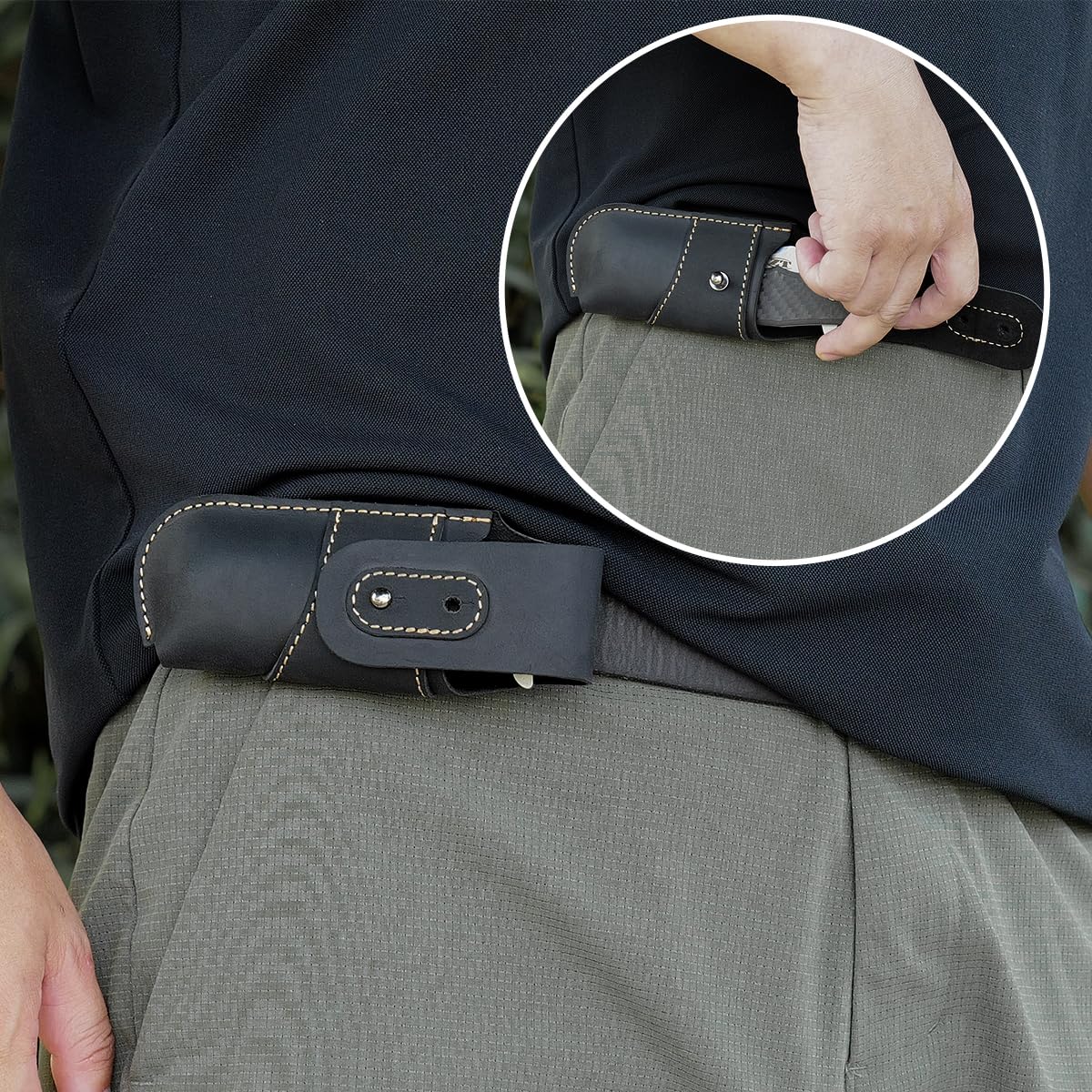 Topstache Leather Knife Sheath for Belt - Horizontal Carry Knife Holster - EDC Belt Organizer - Leather Multitool Sheath Pouch with Two Snap Closure for Folding Knife, Black