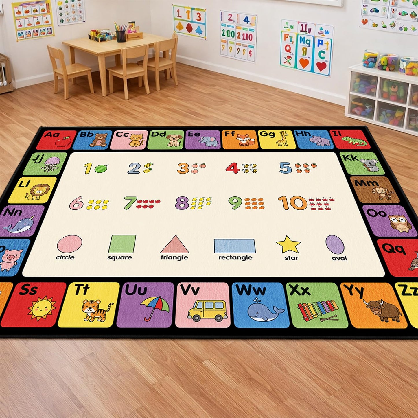 ABC Rug for Classroom, Alphabet, Numbers & Shapes 3-in-1 Educational Area Rugs for Childrens, Non-Slip Animals Learning Carpet for Kids Room, Daycare, Preschool, Elementary -5' x 7' (Multi-Color)