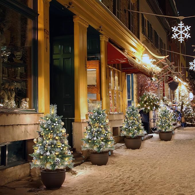 Set of 2 Outdoor Pathway Christmas Trees, 30” Battery Operated Pre-Lit Frosted Xmas Tree with 35 LED Lights, 8 Flash Modes, Holiday Décor for Porch, Yard with Berries/Pine Cones/Balls